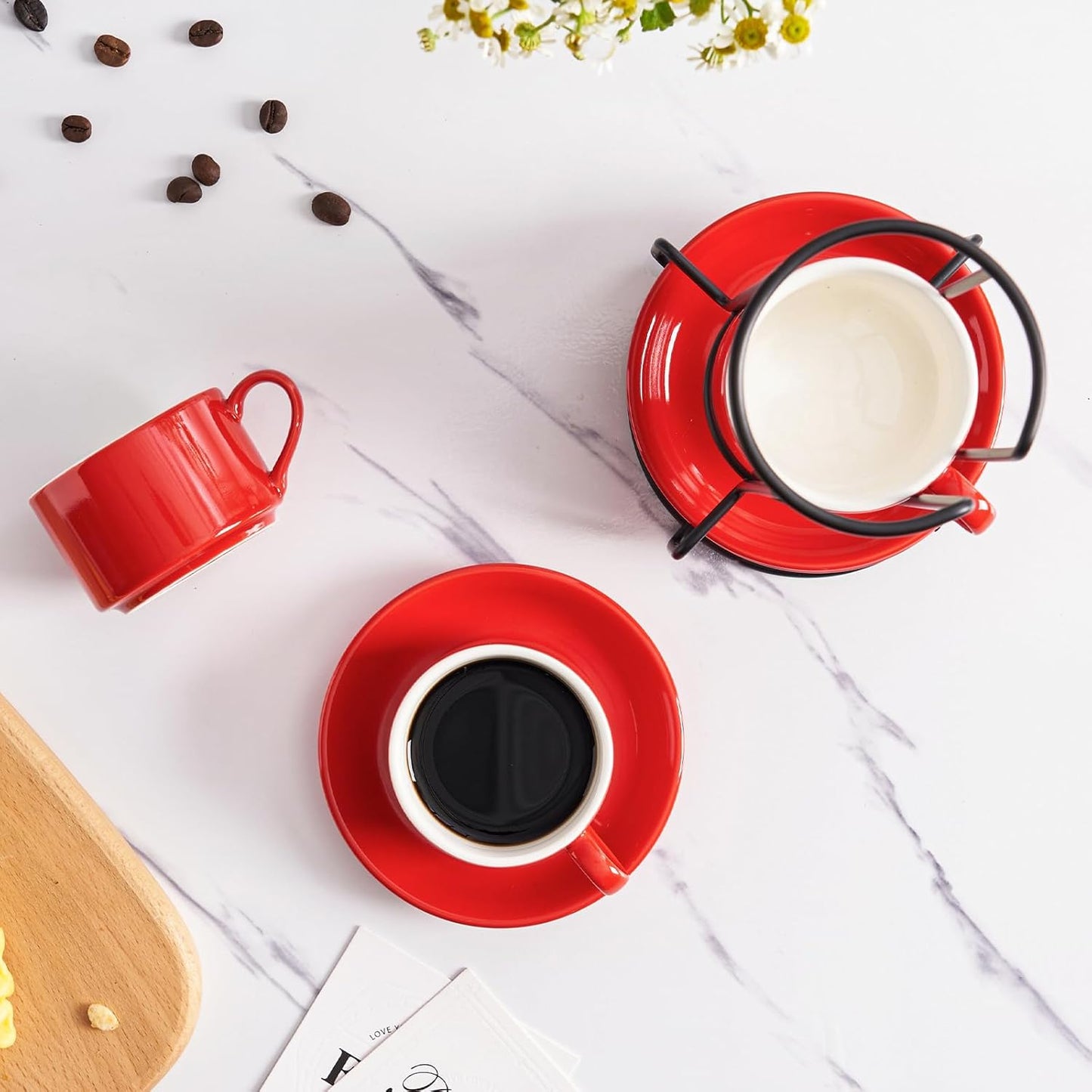 2.5oz Porcelain Stackable Espresso Cups with Saucers and Metal Stand Set of 4, Stackable Cappuccino Cups, Red Expresso Shots Cup Set for Coffee Drinks, Latte, Tea