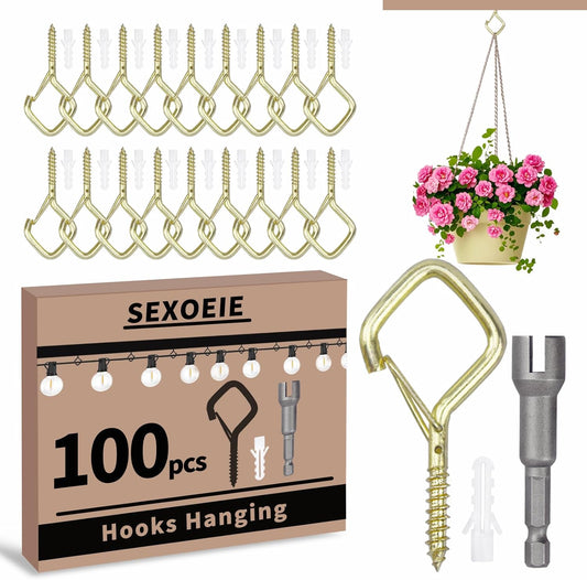 100 PCS Gold Eye Screw Hooks for Hanging Heavy Duty with Safety Buckle.Metal Ceiling Hooks for Hanging Plants Cup Wind Chime Bird Feeders Patio Lights at Indoor&Outdoor