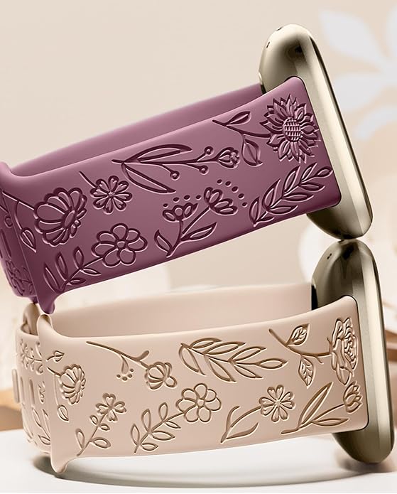 SNBLK 2 Pack Engraved Bands Only Compatible with Fitbit Versa 3/Fitbit Sense/Fitbit Versa 4/Fitbit Sense 2 Bands Four Models, Sunflower Rose Elegant Soft TPU Floral Pattern Replacement Strap Women