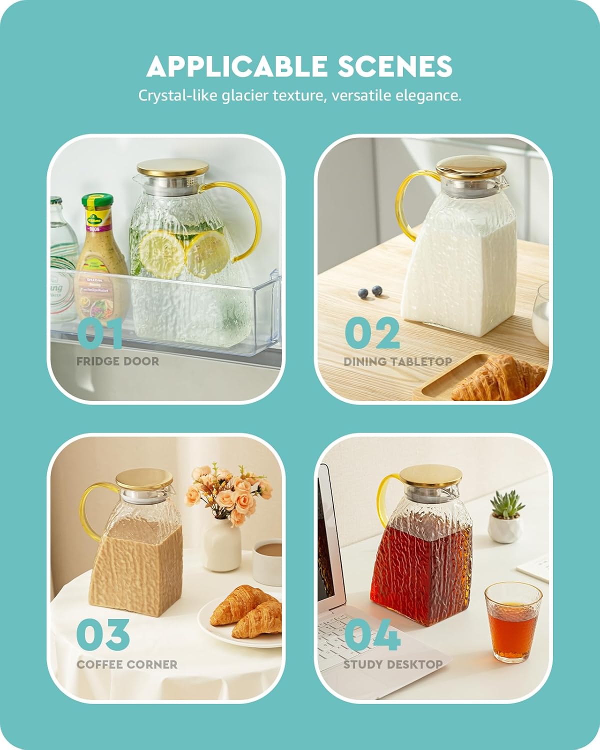 Baffect Water Pitcher, Glass Pitcher With Lid And Handle, 63 Oz / 1.8 L High Borosilicate Glass Jug For Fridge Door, Carafe For Hot/Cold Iced Tea Juice Coffee Milk Beverage （Glacier-Textured）