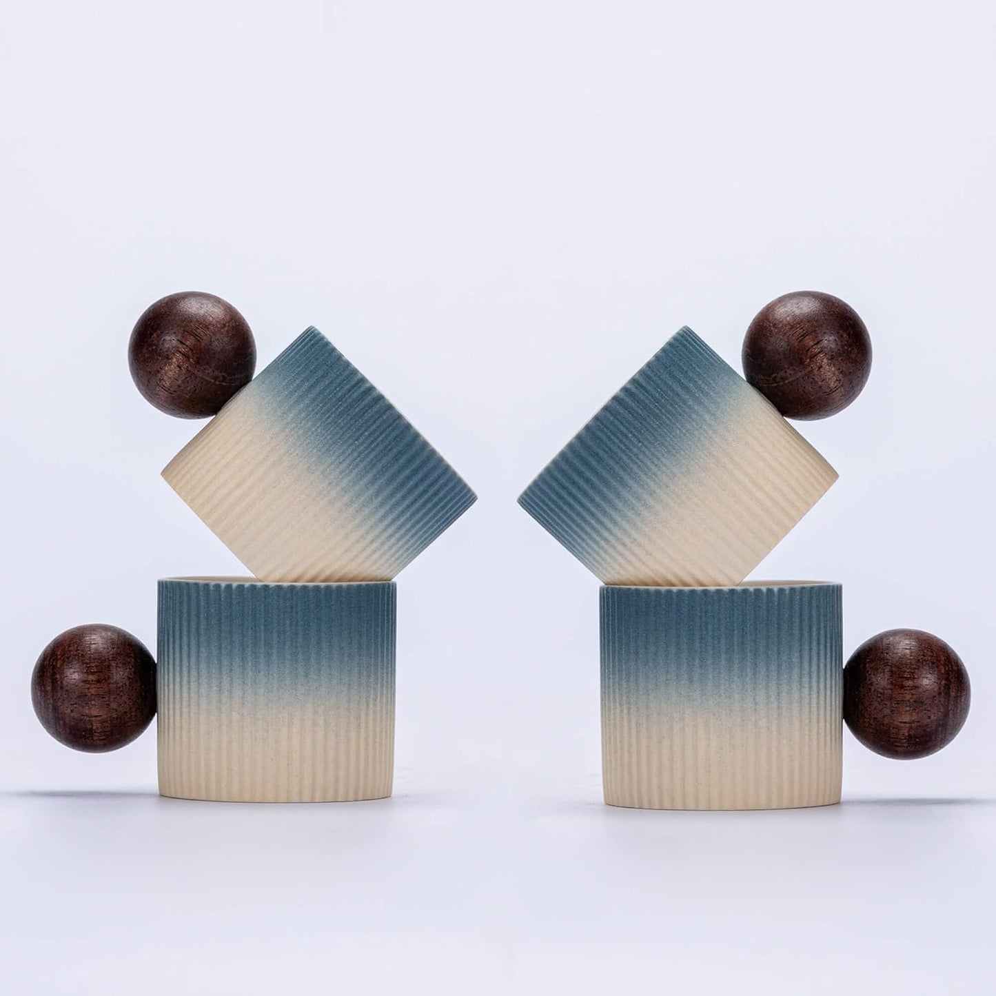 Ceramic Mini Espresso Cups Demitasse Cups with Round Wooden Handle Vertical Stripes Tea Cups (Beige&Blue, 4pcs)