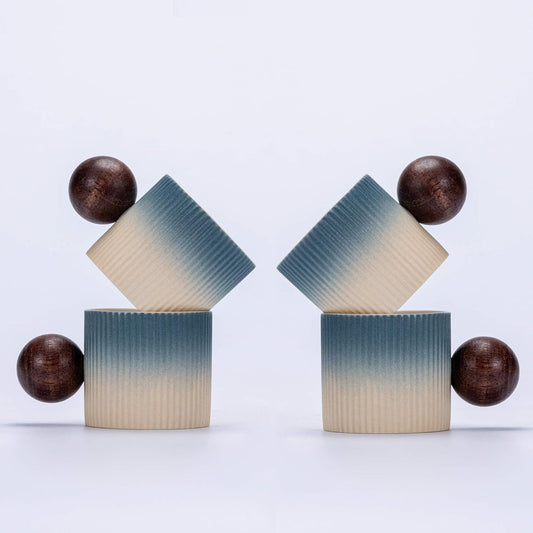 Ceramic Mini Espresso Cups Demitasse Cups with Round Wooden Handle Vertical Stripes Tea Cups (Beige&Blue, 4pcs)