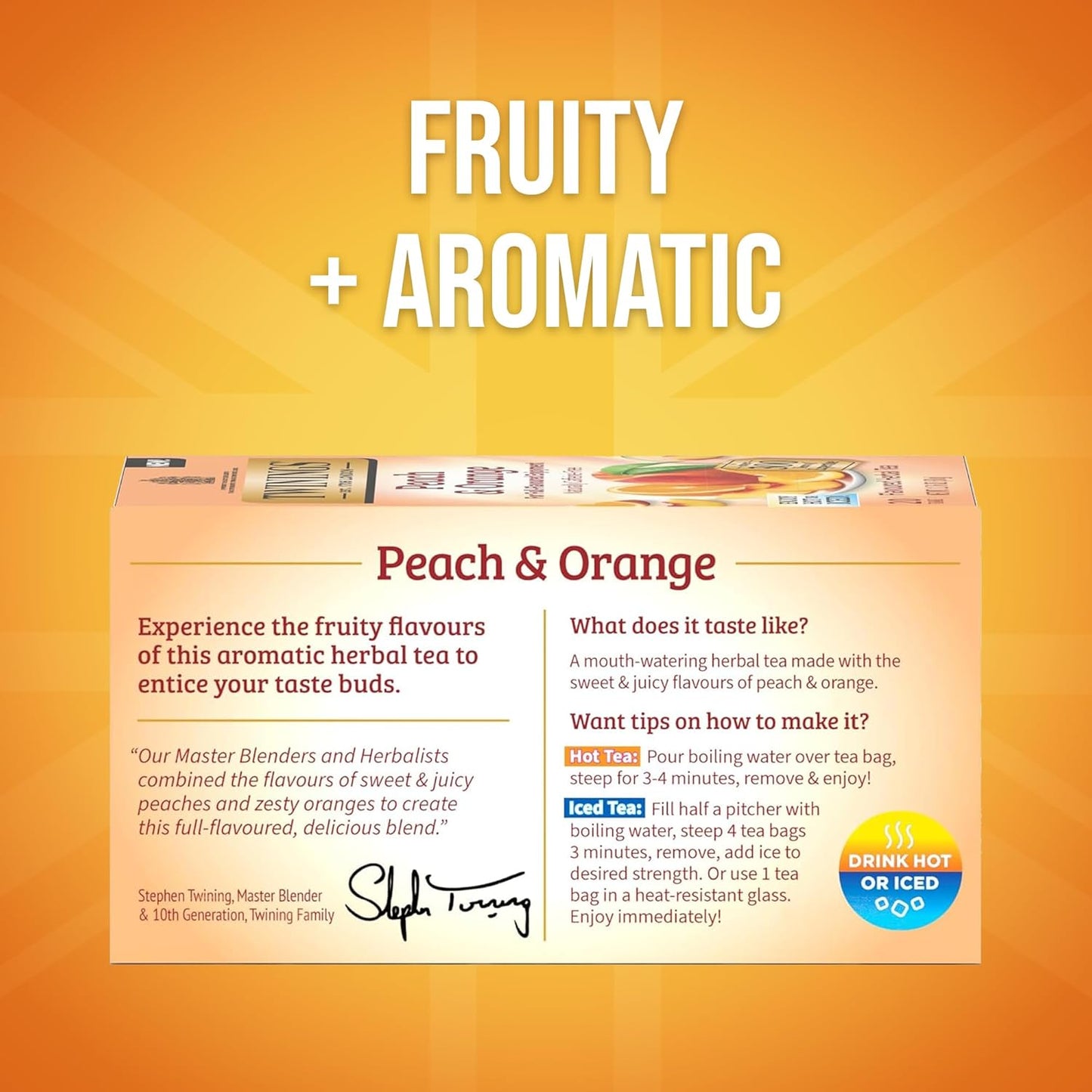 Twinings Peach & Orange Herbal Tea Individually Wrapped Bags, 20 Count (Pack of 1), Juicy & Fruity, Naturally Caffeine-Free, Enjoy Hot or Iced, 20 Teabags