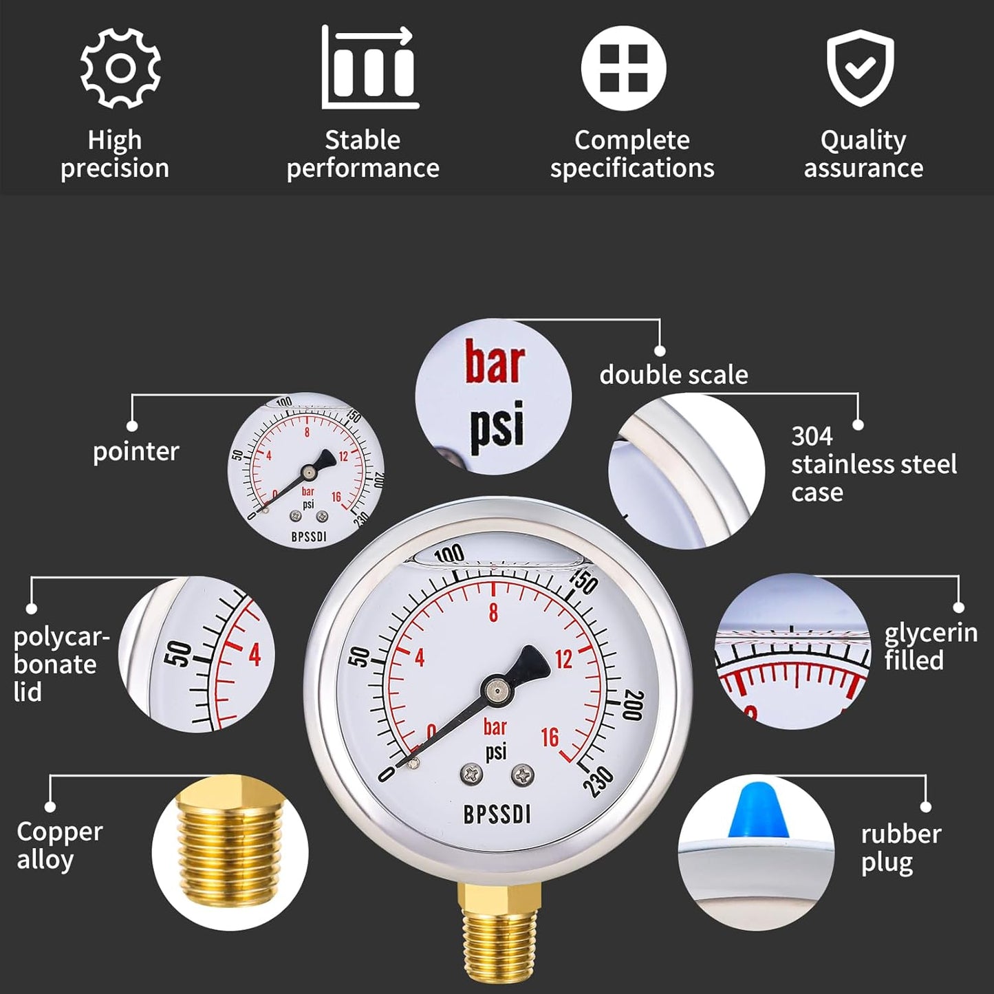 0-230 Psi Glycerin Liquid Filled Pressure Gauge, 2.5" Dial Size, 1/4" NPT Lower Mount, 304 Stainless Steel Case, for Pool Pump Sand Filter Air Compressor, Water Oil Air Pressure Test