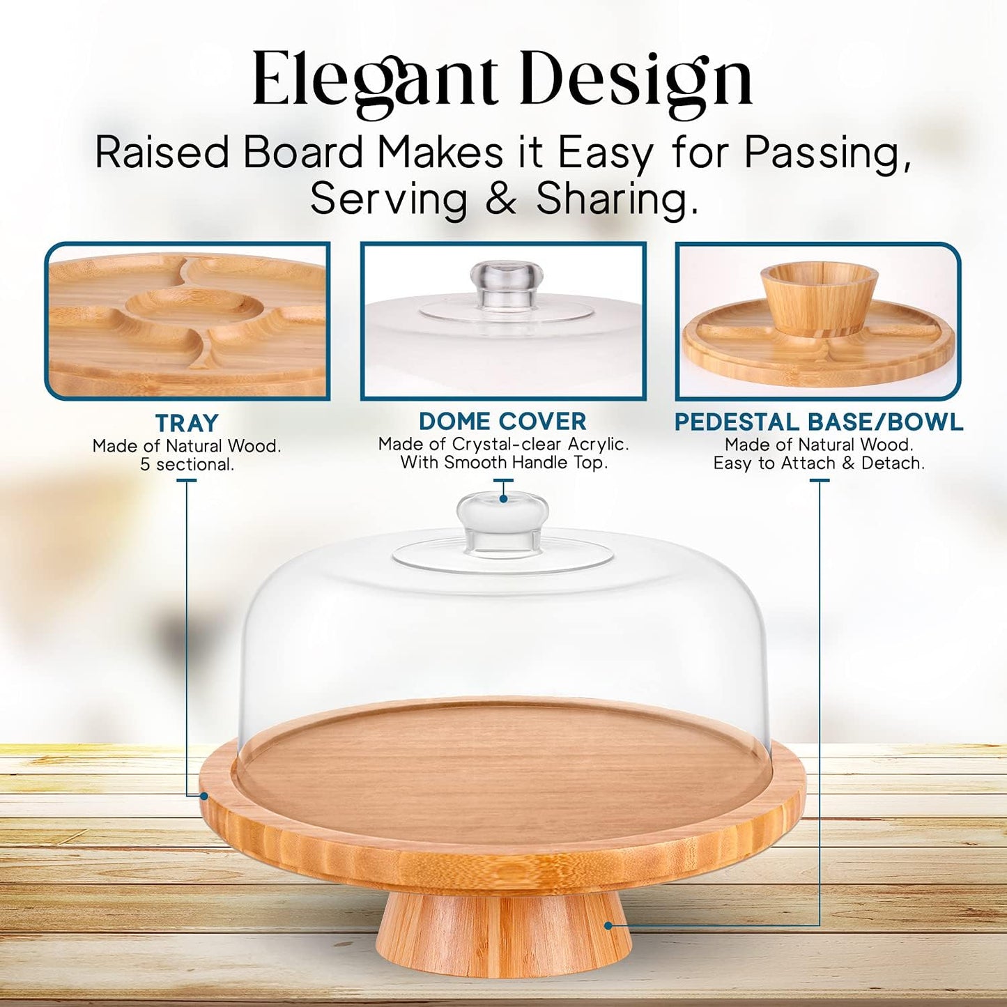 Homeries Bamboo Cake Stand with Lid, Cake Plate, (6 in 1) Multi-Functional Serving Platter, Large Cake Stand with Dome, Cake Display Stand with lid & Cake Dome - Use as Cake Holder, Cake Cover