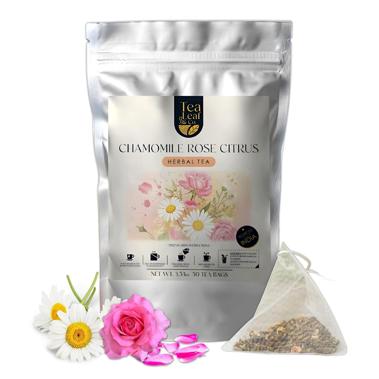 Tealeaf & Co. Chamomile Rose Citrus Herbal Tea Bags - Organic Chamomile Tea Bags with Rose Petals, Orange Peel, Lemon Grass, Hibiscus & Mint Leaves - Low Caffeine - Gluten Free - 50 Teabags