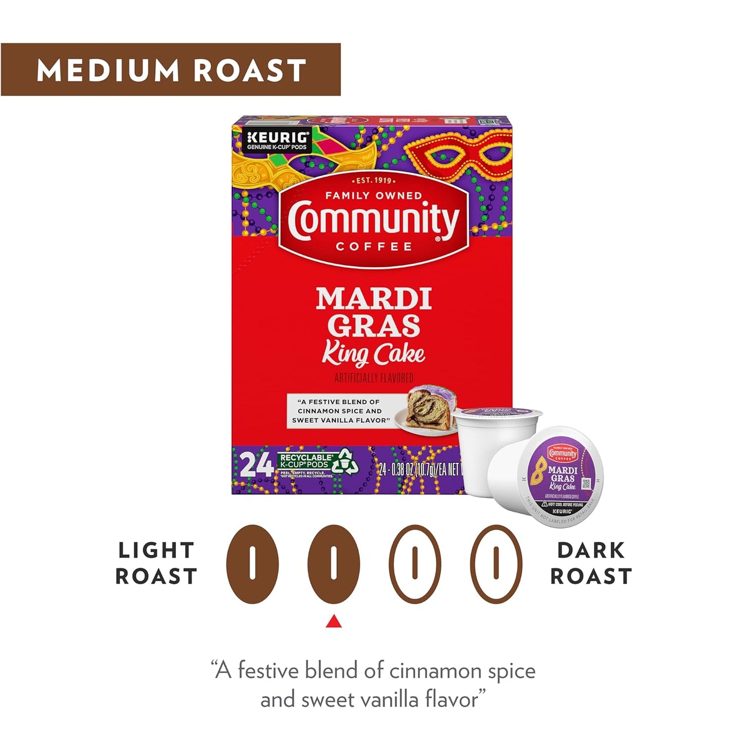 Community Coffee Mardi Gras King Cake Flavored 96 Count Coffee Pods, Medium Roast, Compatible with Keurig 2.0 K-Cup Brewers, 24 Count (Pack of 4)