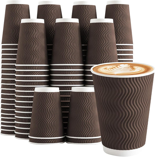 12 oz Coffee Cups Disposable, 100 Count Insulated Paper Coffee Cups, Corrugated Ripple Wall Design Paper Cup, Hot Cold Drinking Cup for Party, Picnic, Travel, Business, Home