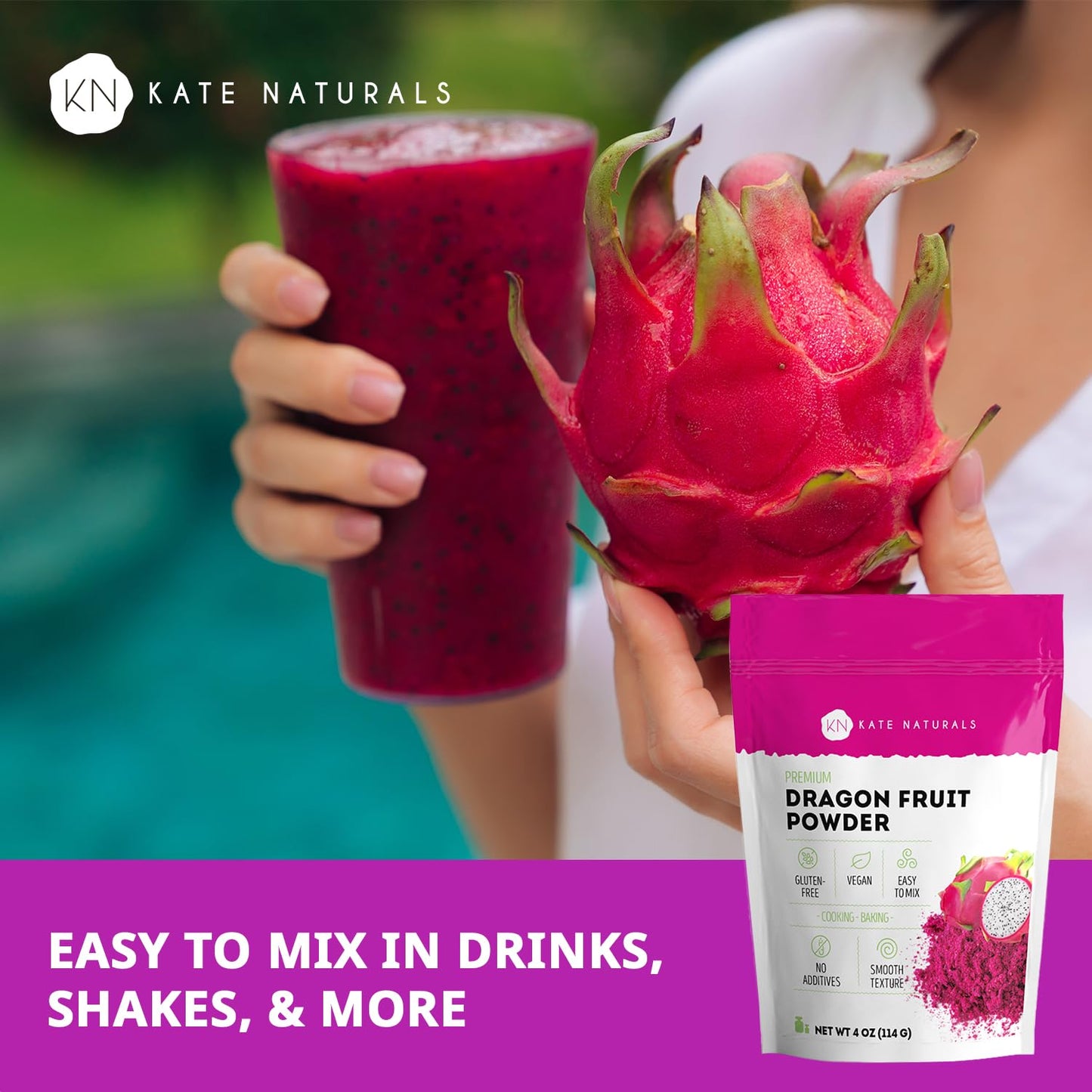 Kate Naturals Dragon Fruit Powder for Baking & Drinks (4oz). Vegan, Gluten Free Dried Pink Pitaya Powder for Dragonfruit Syrup, Smoothies & Food Coloring