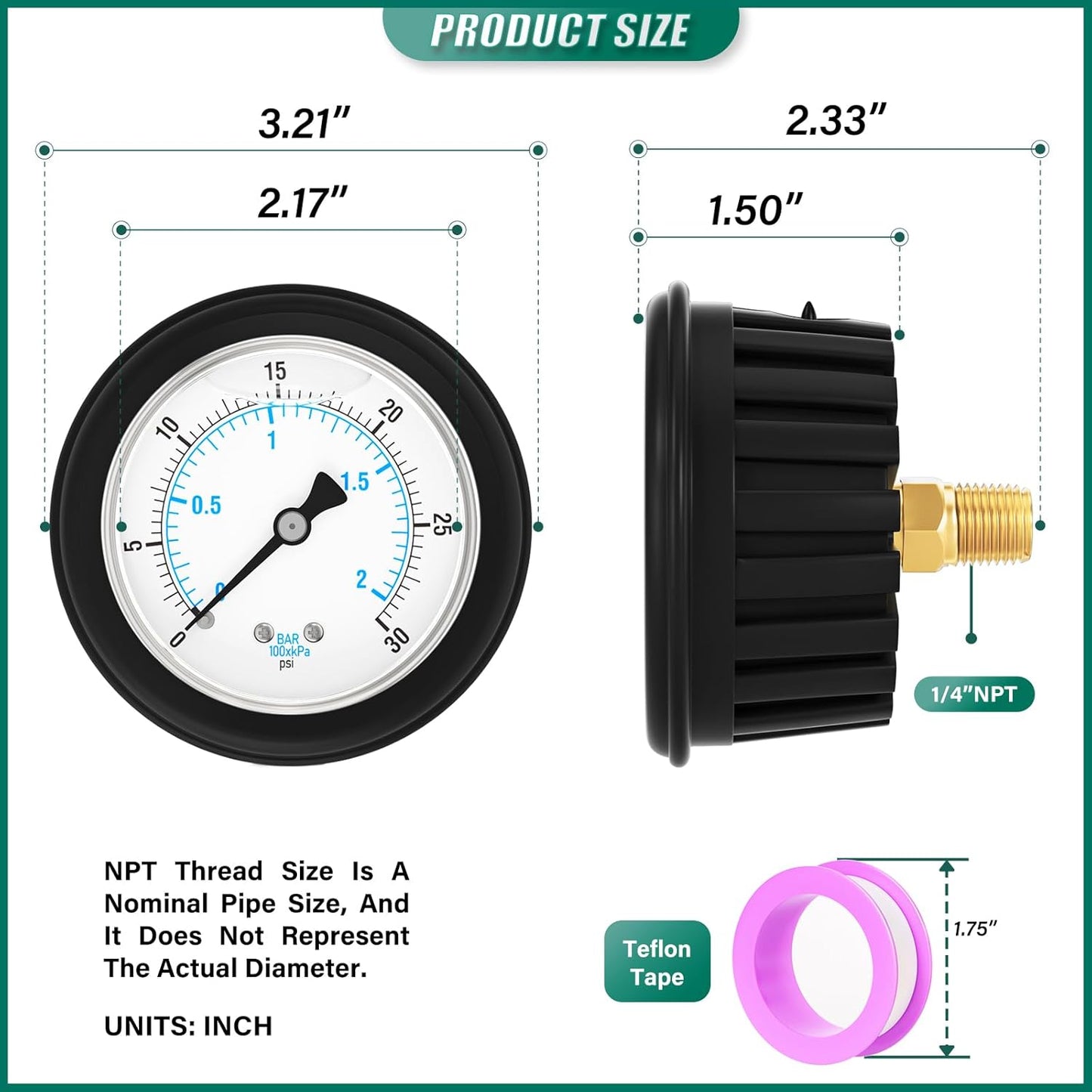 0-30PSI Stainless Steel Liquid Filled Pressure Gauge, 2.5" Dial Size, 1/4" NPT Back Mount, with Rubber Protective Sleeve, for Tube, Water Pump, Gas, Liquid, Pressure Test