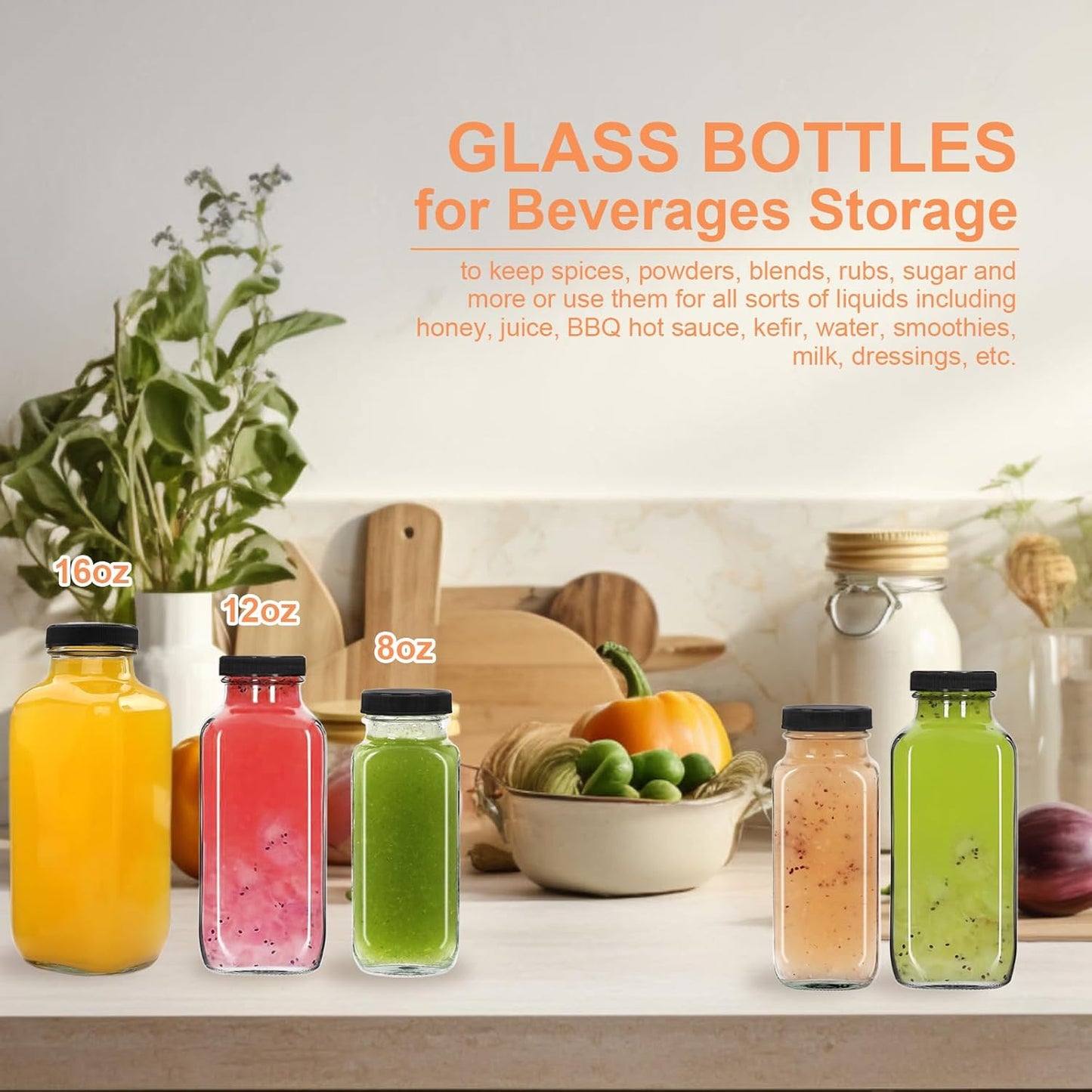 12 pack 12 oz Glass Juice Bottles with Lids, 360 ml Reusable Glass Water Bottles, Empty Drink Containers Drinking Jars with Brush, for Milk, Juicing, Kombucha, Ginger