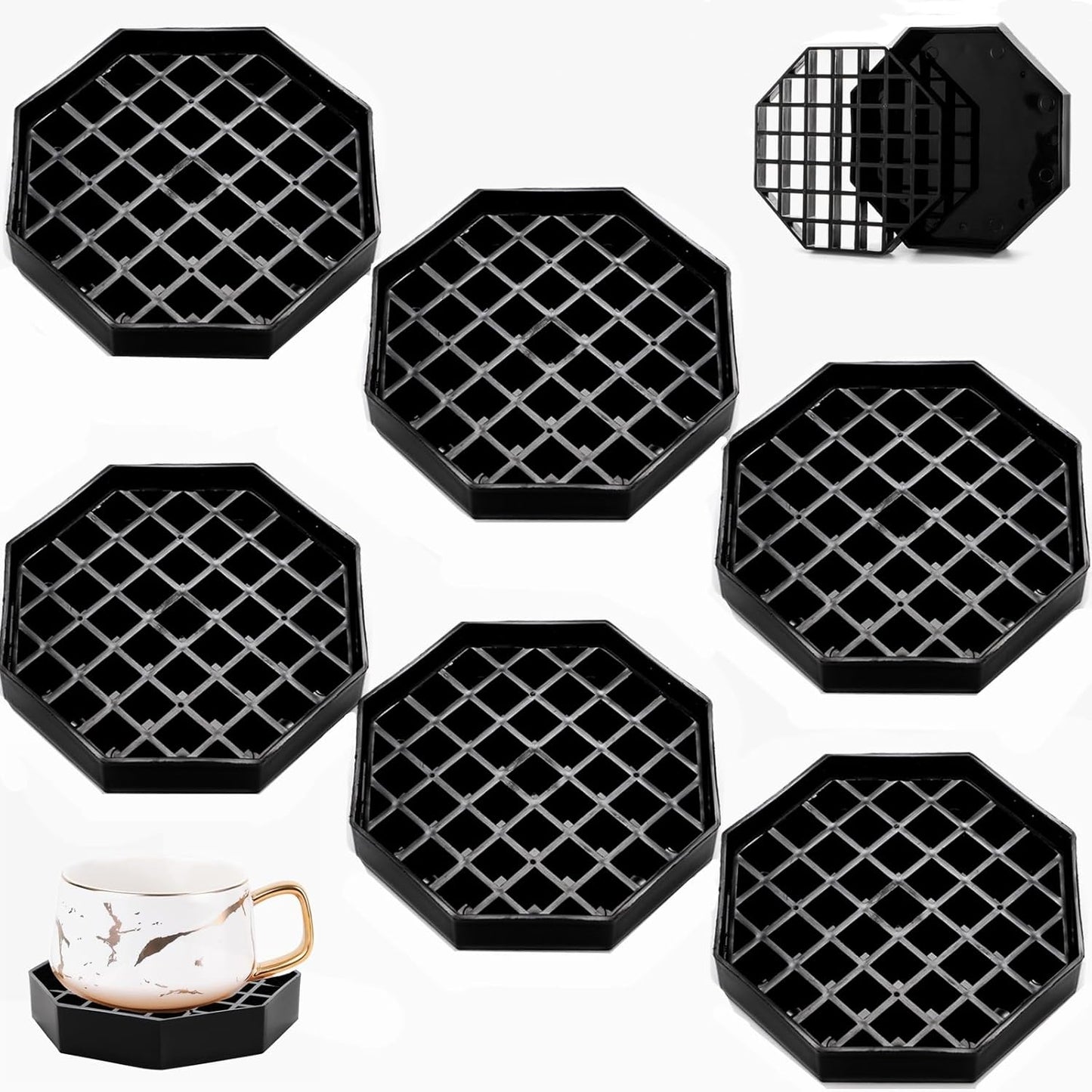 Tebery 6 Pack 4 Inch Coffee Drip Trays, Handy Water Catcher Tray for Drink Dispenser, Countertop Drip Coasters with Detachable Grid, Plastic Drip Tray Pan for Party, Home, Bar, Coffee Station