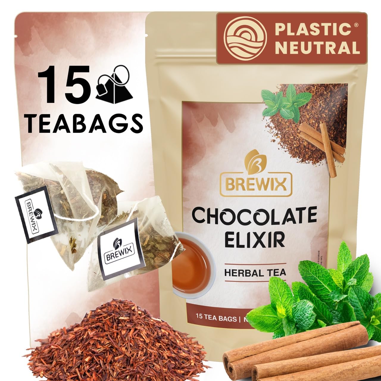 BREWIX, Chocolate Rooibos Herbal Tea Bags, (15 Pyramid Tea Bags) | Red Tea with Cocoa | Rooibos, Cinnamon, Spearmint, Peppermint Tea | Naturally Caffeine-Free
