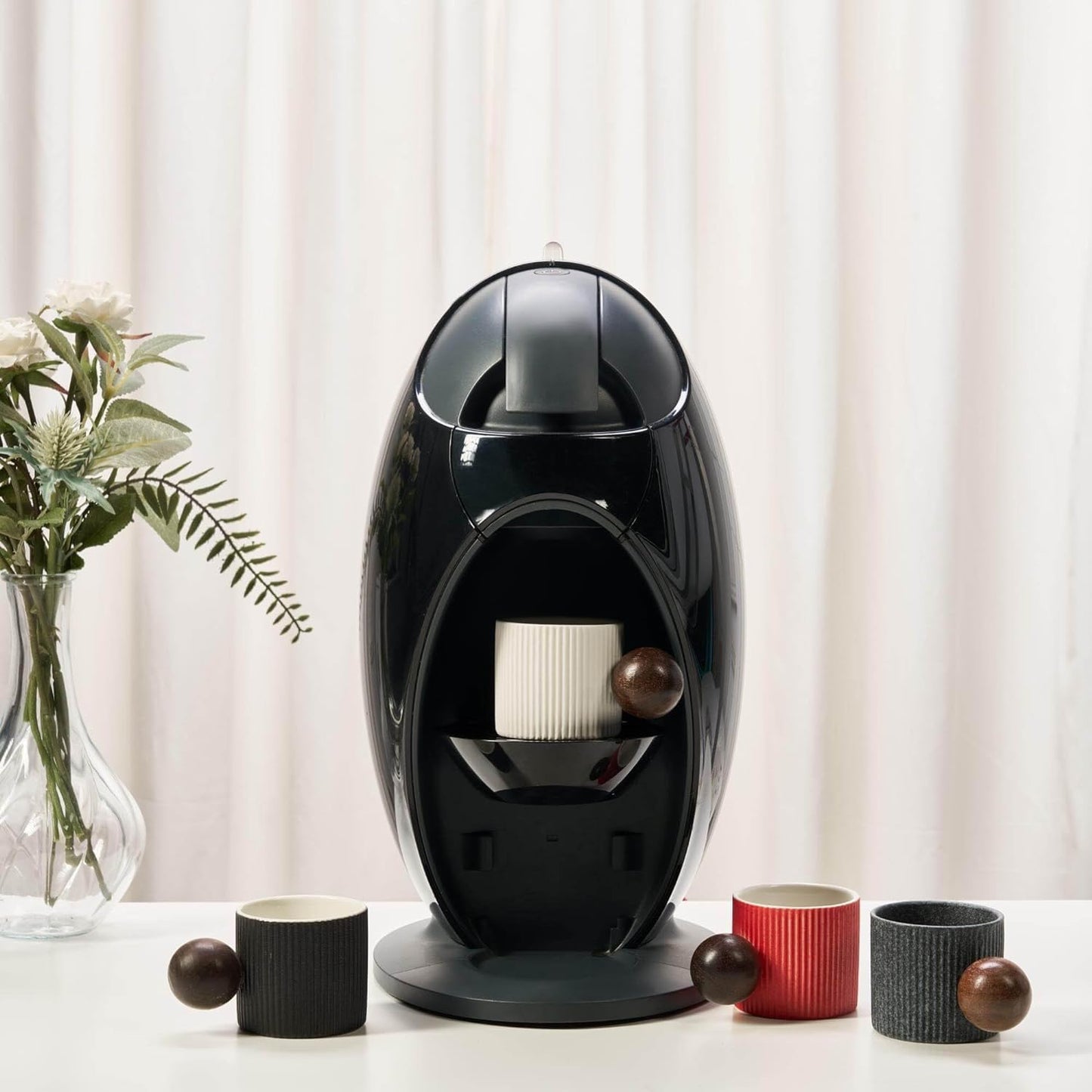 Ceramic Mini Espresso Cups Demitasse Cups with Round Wooden Handle Vertical Stripes Tea Cups (white, 4pcs)