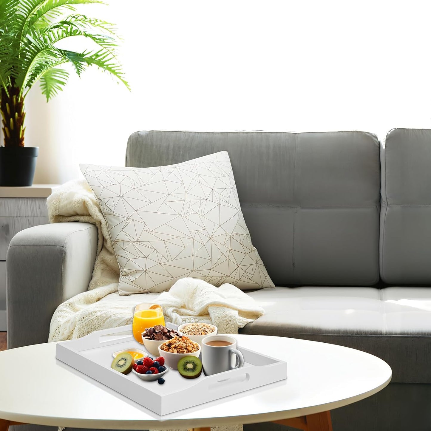 Bamboo Food Serving Tray with Handles, Breakfast Bed Tray for Tea,Snack,Dinner, Home Decorative Storage Food, Platter, Ottoman for Kitchen Counter, Bathroom, Restaurant (White)