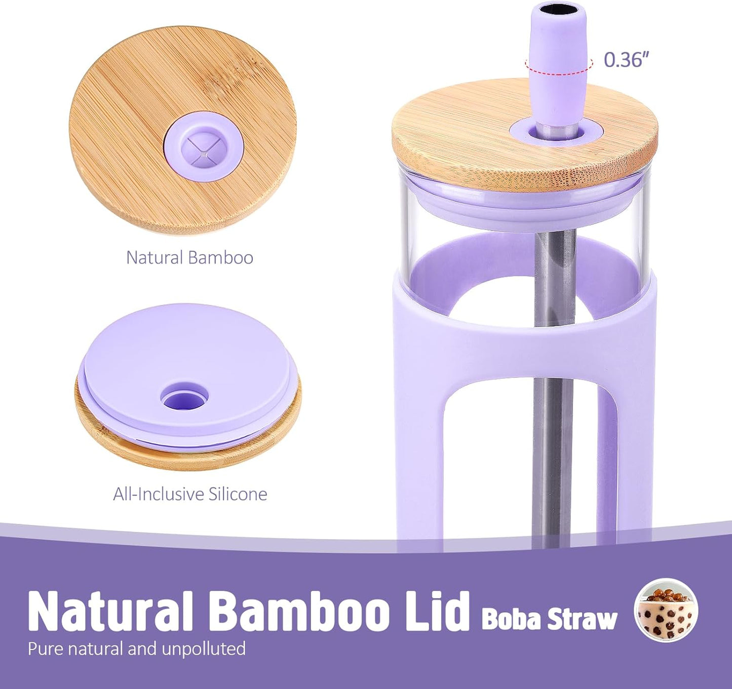Kodrine 24oz Glass Tumbler with 2 Lids and Straws, Glass Cup With Bamboo Lid and On-the-go Lid, Reusable Iced Coffee Cup, Ideal for Smoothie, Cold Drinks, Fit Cup Holder, BPA Free (1, Purple)