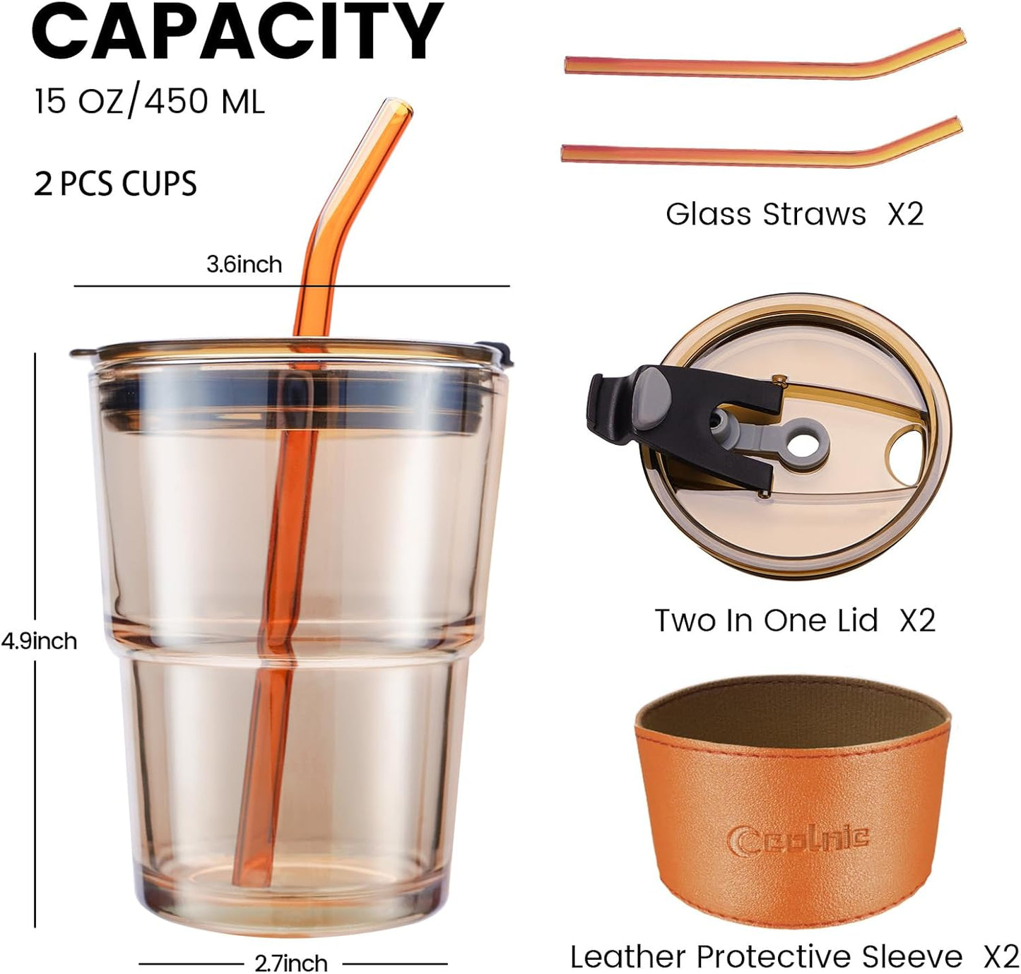 Iced Coffee Cup, 15Oz/450ml Glass Cups With Lids And Straws, Iced Coffee Glasses Tumbler, Thick Wall Glass Mug For Tea Water With 2 Straw And Leather Sleeve, Xmas Gifts (Amber 2PCS)