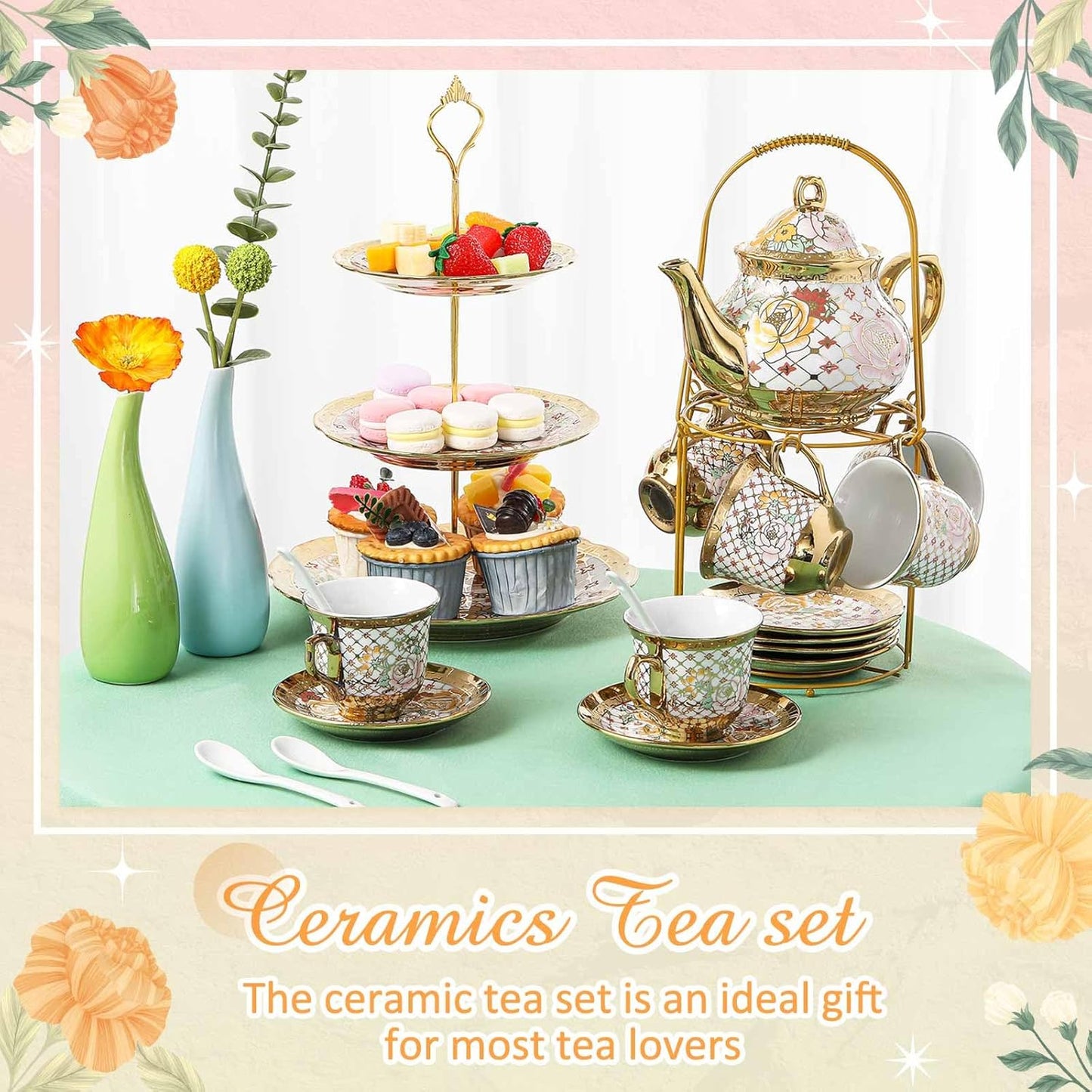Maxcheck 21 Pcs Tea Party Set for Adults European Floral Tea Set with Metal Holder and 3 Tier Ceramic Cake Stand Porcelain Flower Cup Teapot for Dessert Cupcake(Stylish Style)