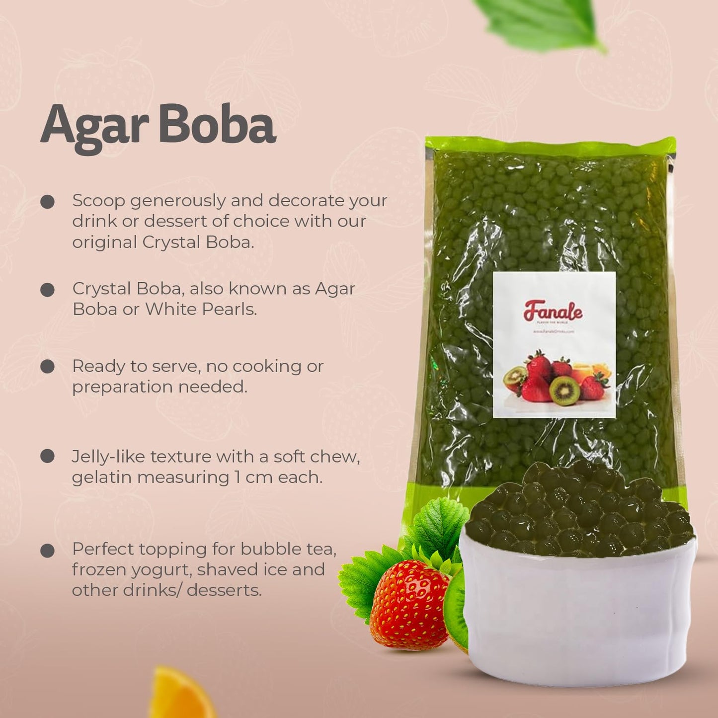 Fanale Matcha Agar Agar Boba, Matcha Jelly Ball, Ready to Serve, Soft Chew Texture, Instant Boba Pearls for Bubble Tea, Frozen Yogurt, Shaved Ice & Dessert’s Topping (4.4 lbs/bag, 6 bags/case)