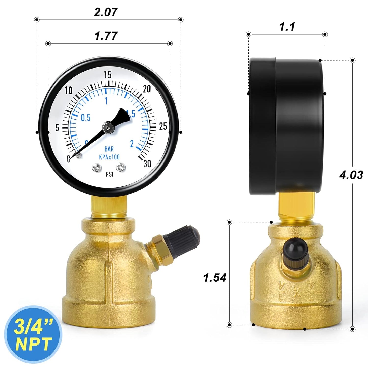 MEANLIN MEASURE 0-30Psi Forged Brass Air Test Pressure gauges, 3/4" FNPT Connection, 2" Double Graduated, Bell Shape Body Assembly, -3-2-3% Accuracy
