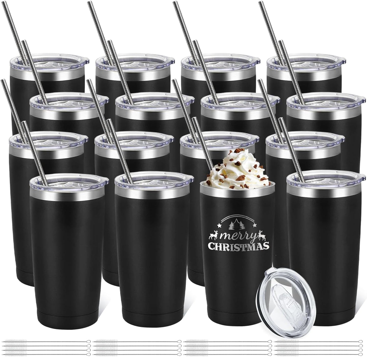 16 Pack Stainless Steel Tumbler Bulk Insulated Vacuum Travel Mug Powder Coated Coffee Mug Gift for Laser Engrave, 20oz Black
