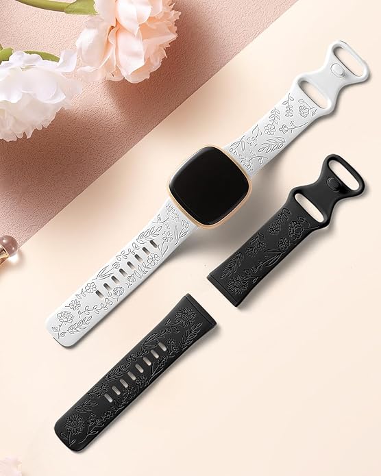 SNBLK 2 Pack Engraved Bands Only Compatible with Fitbit Versa 3/Fitbit Sense/Fitbit Versa 4/Fitbit Sense 2 Bands Four Models, Sunflower Rose Elegant Soft TPU Floral Pattern Replacement Strap Women