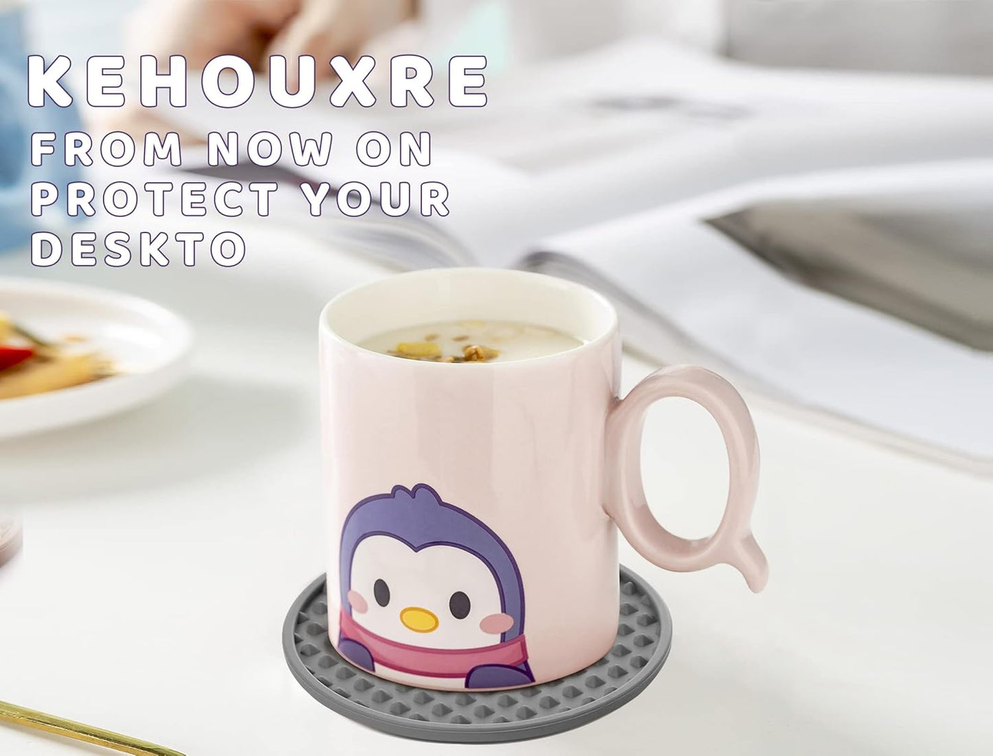 Coasters for Drinks 6 Pack Drink Coasters with Holder,Heat Resistant Silicone Cup Mat Tabletop Protection,Non-Slip Rubber Coaster for Kinds of Cups (Grey)