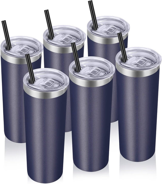 VEGOND Stainless Steel Tumblers Bulk 6 Pack, 20 oz Vacuum Insulated Skinny Tumblers with Lid and Straw, Double Wall Coffee Mug, Travel Water Cup, Navy Blue