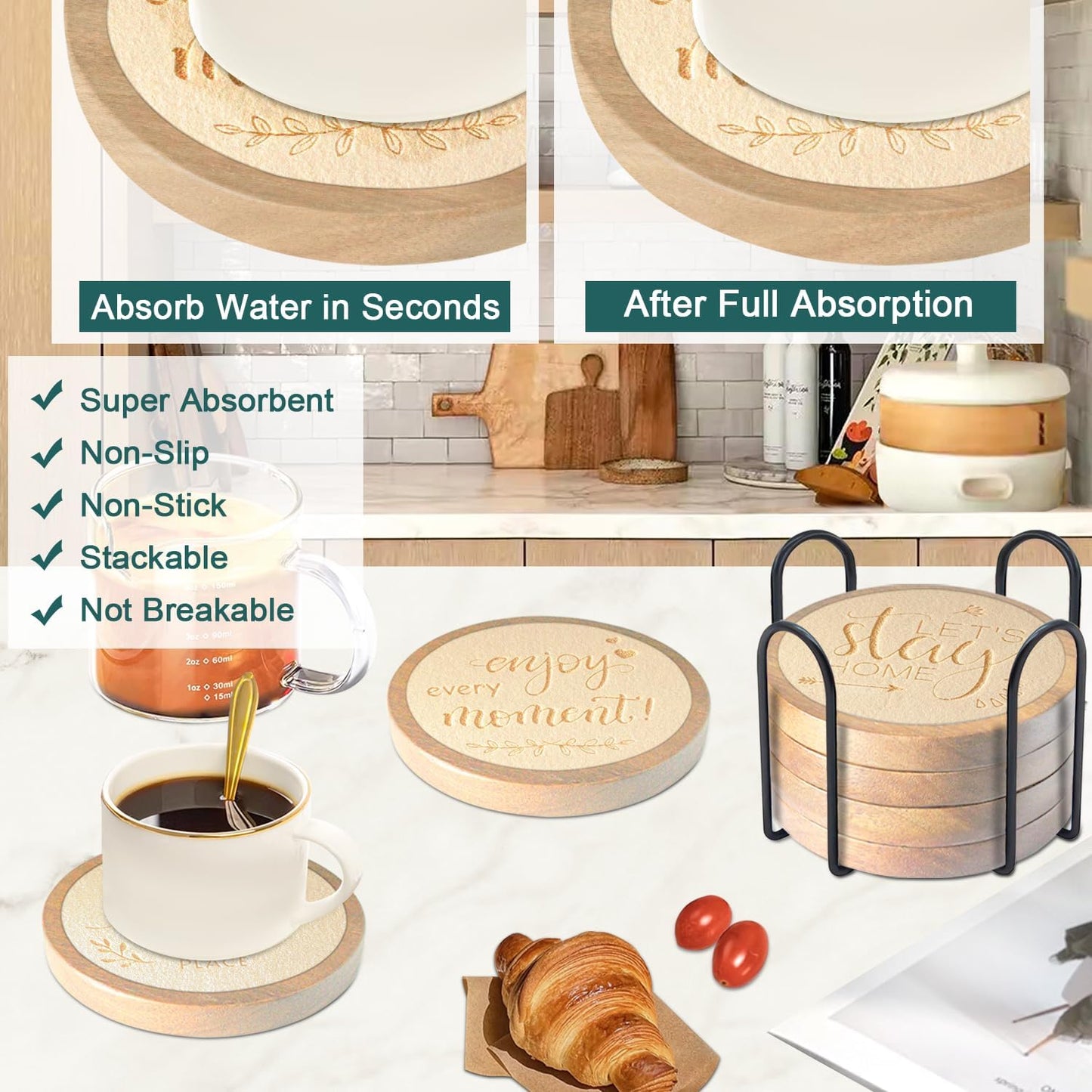 Coasters Sets of 6 Housewarming Gifts for Home Decoration Absorbent Coasters with Holder for Coffee Tabletop Protection 4.3 Inch Beige