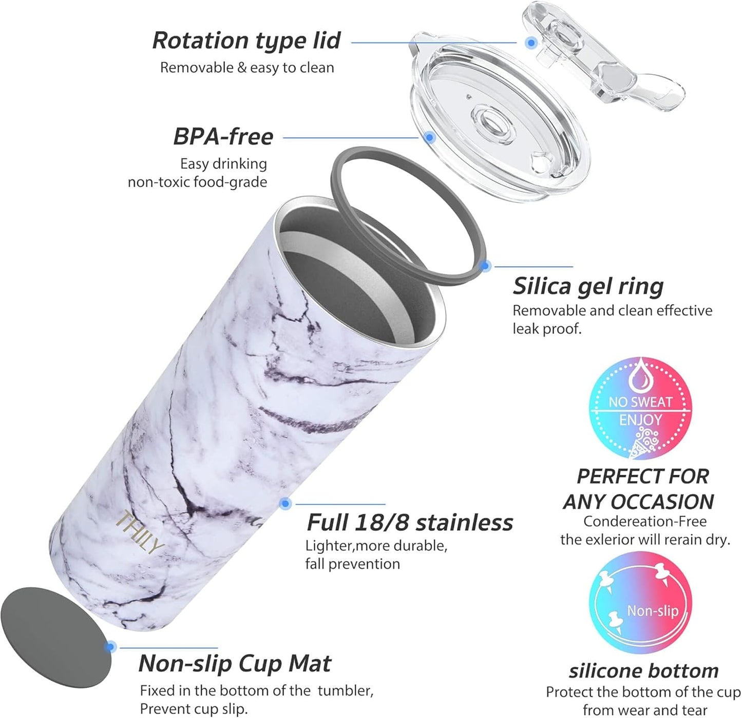 THILY Stainless Steel Vacuum Insulated Tumbler Travel Mug 26 oz Coffee Cup with 2 Lids and Straws, Splash Proof, Keep Ice Drinks Cold, White Marble