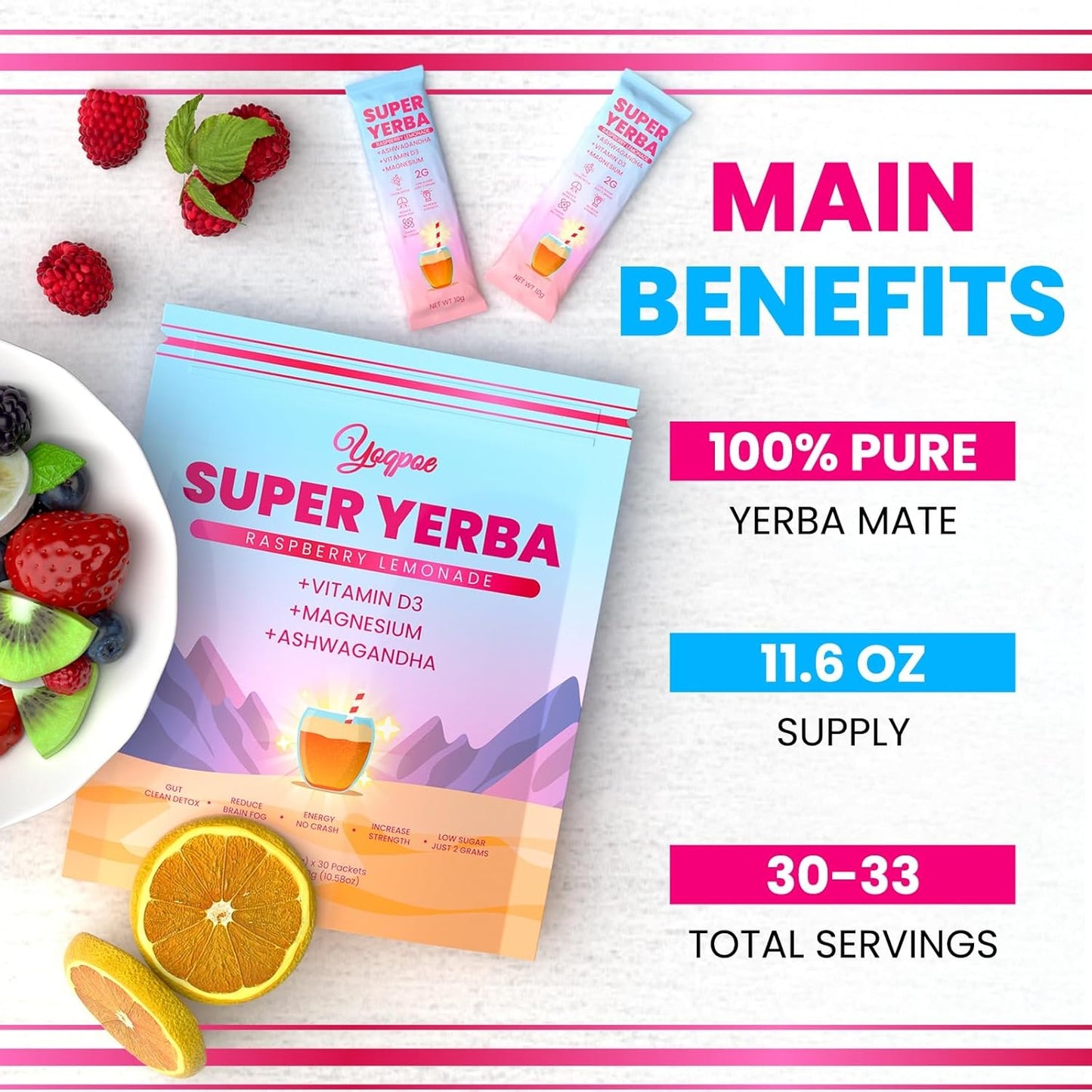 30 Servings Super Yerba Packets，Yerba Mate Instant Tea Powder，Super Yerba Raspberry Lemonade Flavor，Energy Boost,Mental Clarity and Gut Health by Ashwagandha, Prebiotics and Probiotics (2)