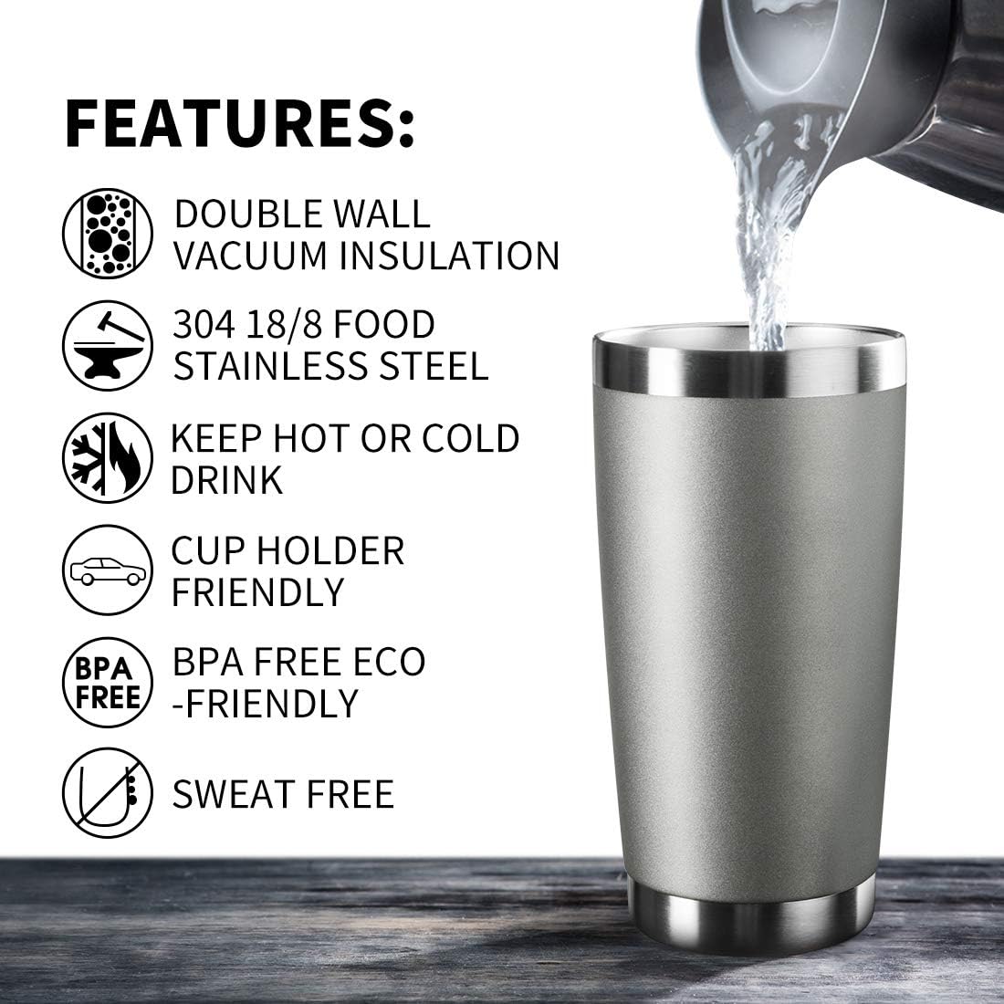 20oz Tumbler Bulk Stainless Steel Vacuum Insulated Tumblers with Lid Double Wall Travel Mug, Durable Powder Coated Coffee Cup, Suitable for Ice Drinks and Hot Beverage (Gray 6pack)