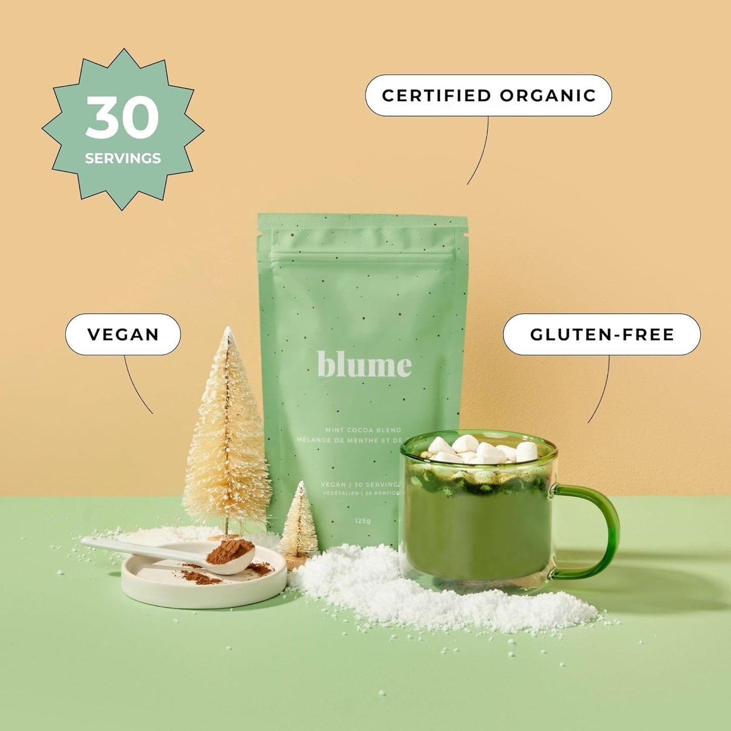 Blume Peppermint Cacao Blend - Superfoods latte with Brain Boosting Adaptogen Organic Cacao - Keto Friendly & Vegan Hot Chocolate - 30 Servings