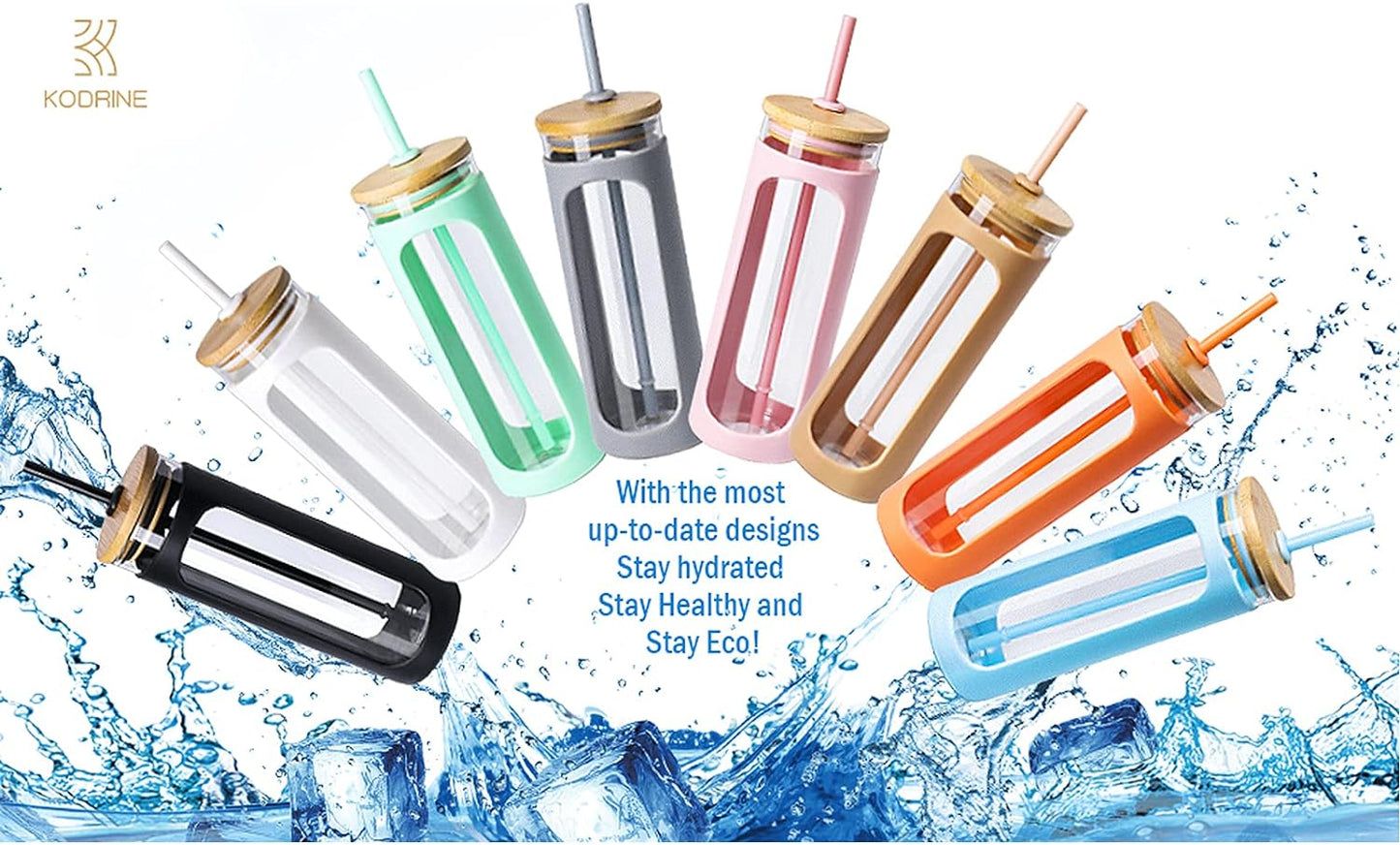 Kodrine 20oz Glass Tumbler with Straw and Lid, Bamboo Lids Water Bottle, Reusable Iced Coffee Cups, Wide Mouth Smoothie Cup with Protective Silicone Sleeve BPA FREE-White+Amber-2pack