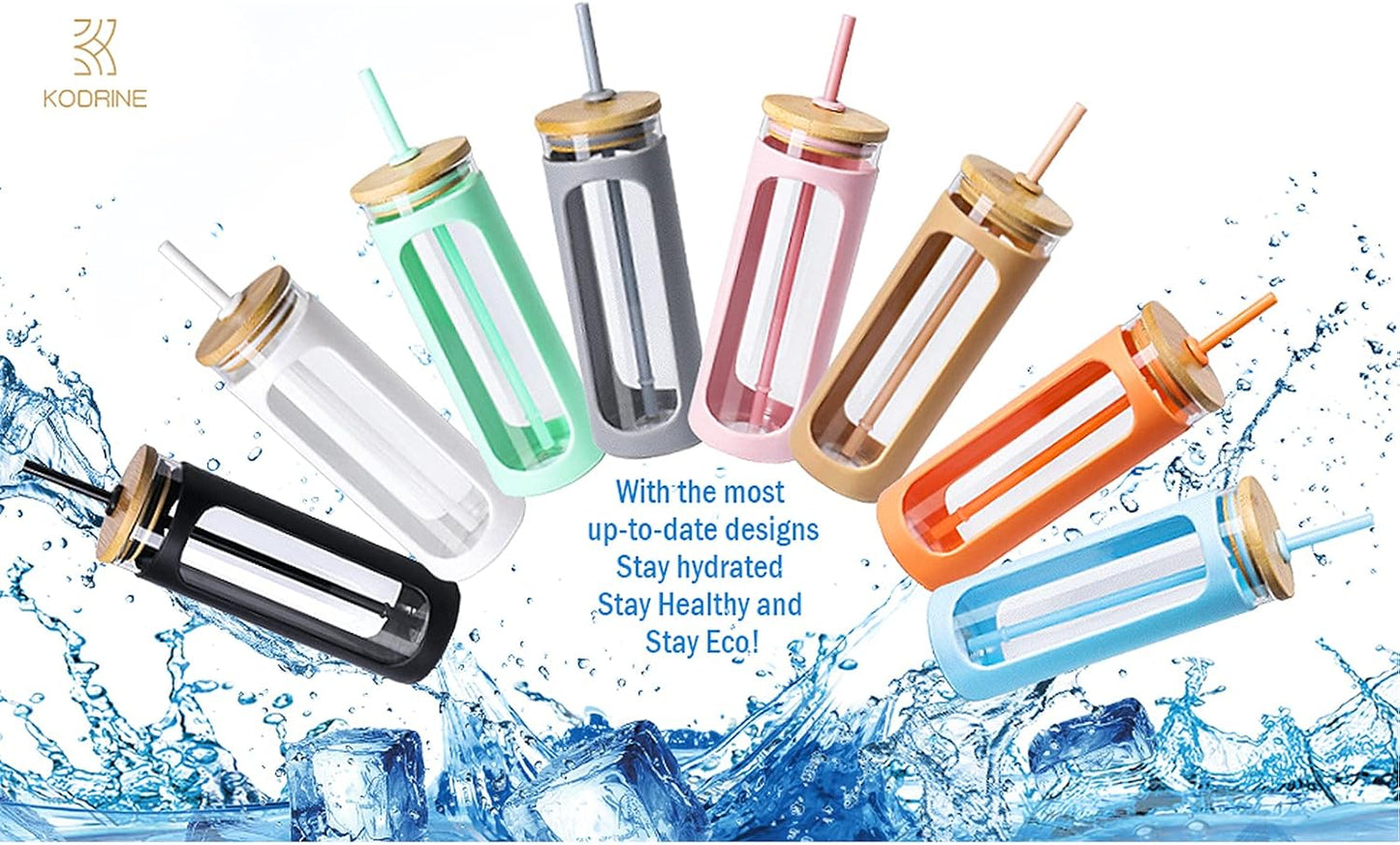 Kodrine 20oz Glass Water Tumbler with Straw and Lid, Bamboo Lids Water Bottle, Iced Coffee Cup Reusable, Wide Mouth Smoothie Cups with Protective Silicone Sleeve BPA FREE-Black