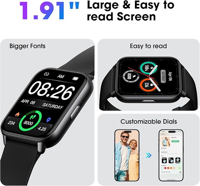 Smart Watch for Men Women, 1.91'' Big Font No App/Phone Required, Fitness Tracker with Pedometer, Bluetooth Call (Answer/Make Call), Heart Rate Blood Oxygen Monitor Step Counter, 100+ Sports Modes