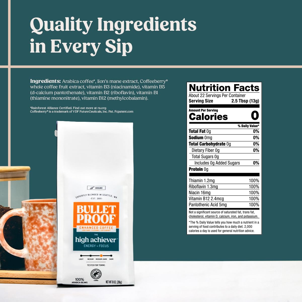 Bulletproof The High Achiever Ground Mushroom Coffee, 10oz, High Caffeine with Lion's Mane, B Vitamins and Adaptogens for Energy & Focus, Medium-Dark Roast