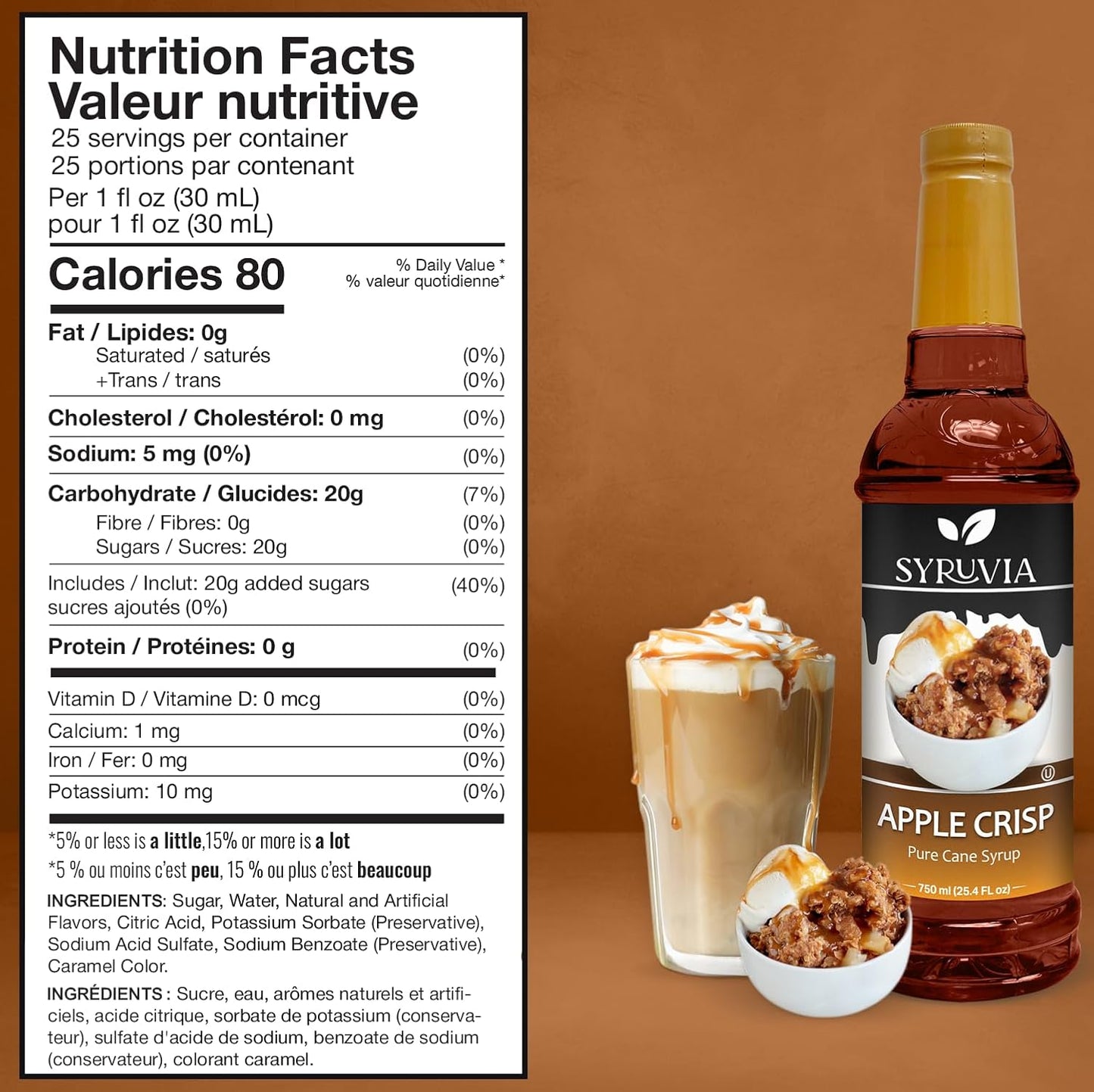 Syruvia Apple Crisp Coffee Syrup - 25.4 fl oz - Kosher Coffee Syrups, Gluten Free, No Coloring, Perfect for Drinks, Soda, Shakes, Desserts, and More.