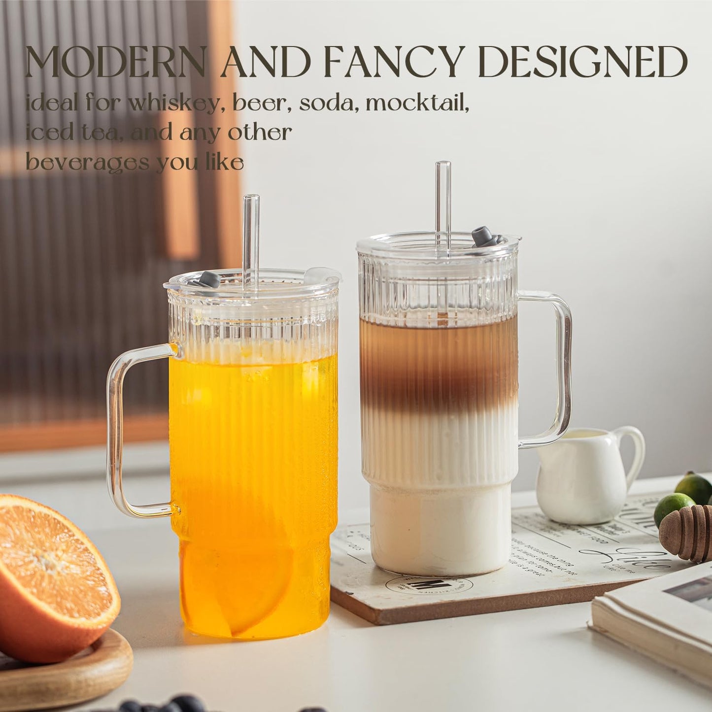 KEMORELA 2PCS 20 Oz Ribbed Glass Tumblers with Lids & Straws – Handle Iced Coffee Cups, Reusable Clear Drinkware for Smoothies & Cold Beverages – Dishwasher Safe