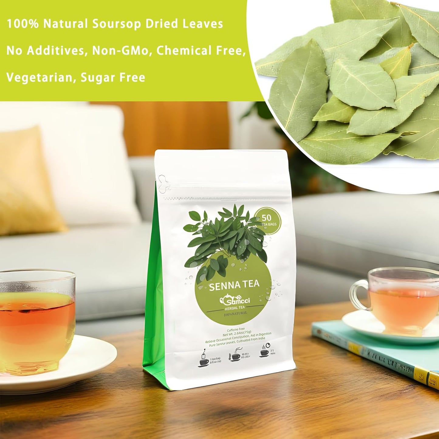 Samcci - Senna Tea, 50 Teabags, 1.5g/bag - Senna Leaf Tea for Constipation -Digestive - Poop for Promoting Digestion - Colon Cleanse -Non-GMO - Caffeine-free
