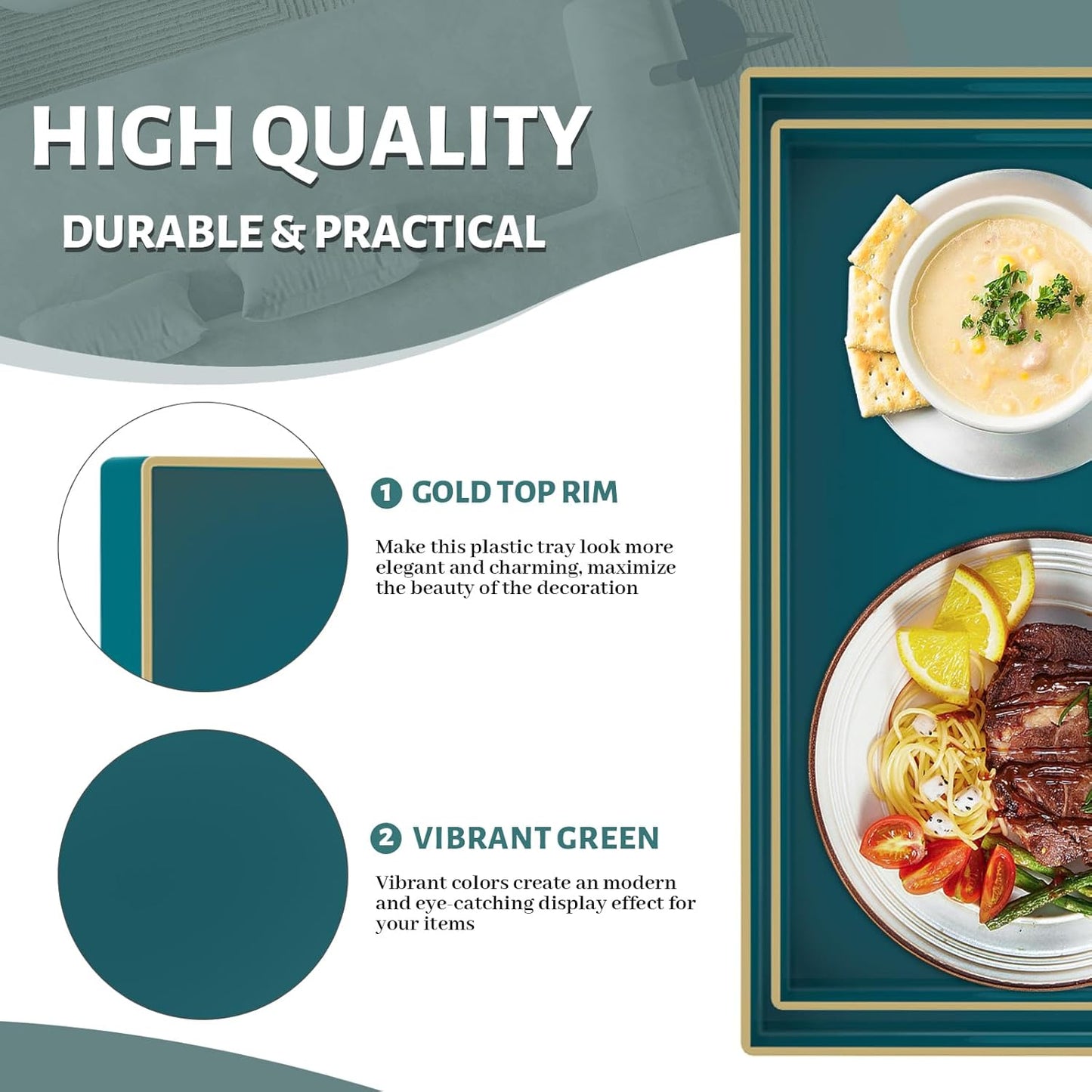 MAONAME Green Serving Tray Set of 2, Plastic Decorative Tray with Handles, Rectangular Coffee Table Trays for Ottoman, Nesting Trays for Living Room, Bedroom