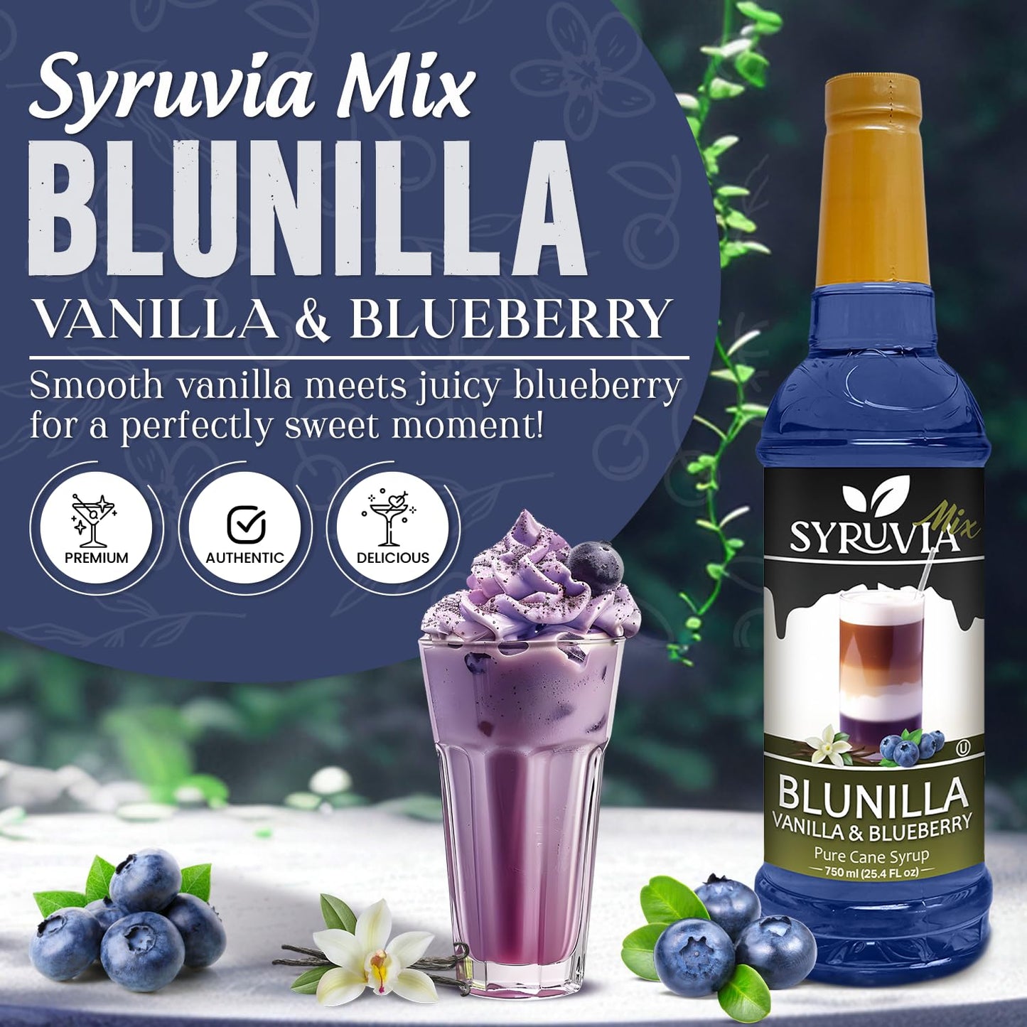 Syruvia BLUNILLA Coffee Syrup Vanilla Blueberry - 25.4 fl oz - Kosher Syrups, Gluten Free, No Coloring, Perfect for Drinks, Soda, Shakes, Desserts, and More.