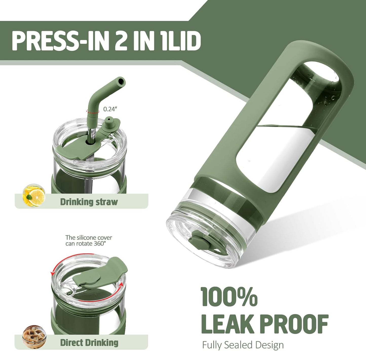 Kodrine 24oz Glass Tumbler with 2 Lids and Straws, Glass Cup With Bamboo Lid and On-the-go Lid, Reusable Iced Coffee Cup, Ideal for Smoothie, Cold Drinks, Fit Cup Holder, BPA Free (1, Olive)