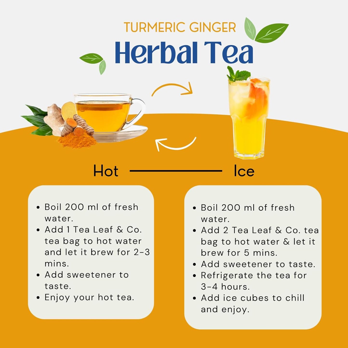 Tealeaf & Co. Turmeric Ginger Herbal Tea - Organic Ginger Turmeric Tea Bags with Fresh Herbs and Spices - Low Caffeine & Gluten Free - 100 Teabags (7.055oz/200gm)