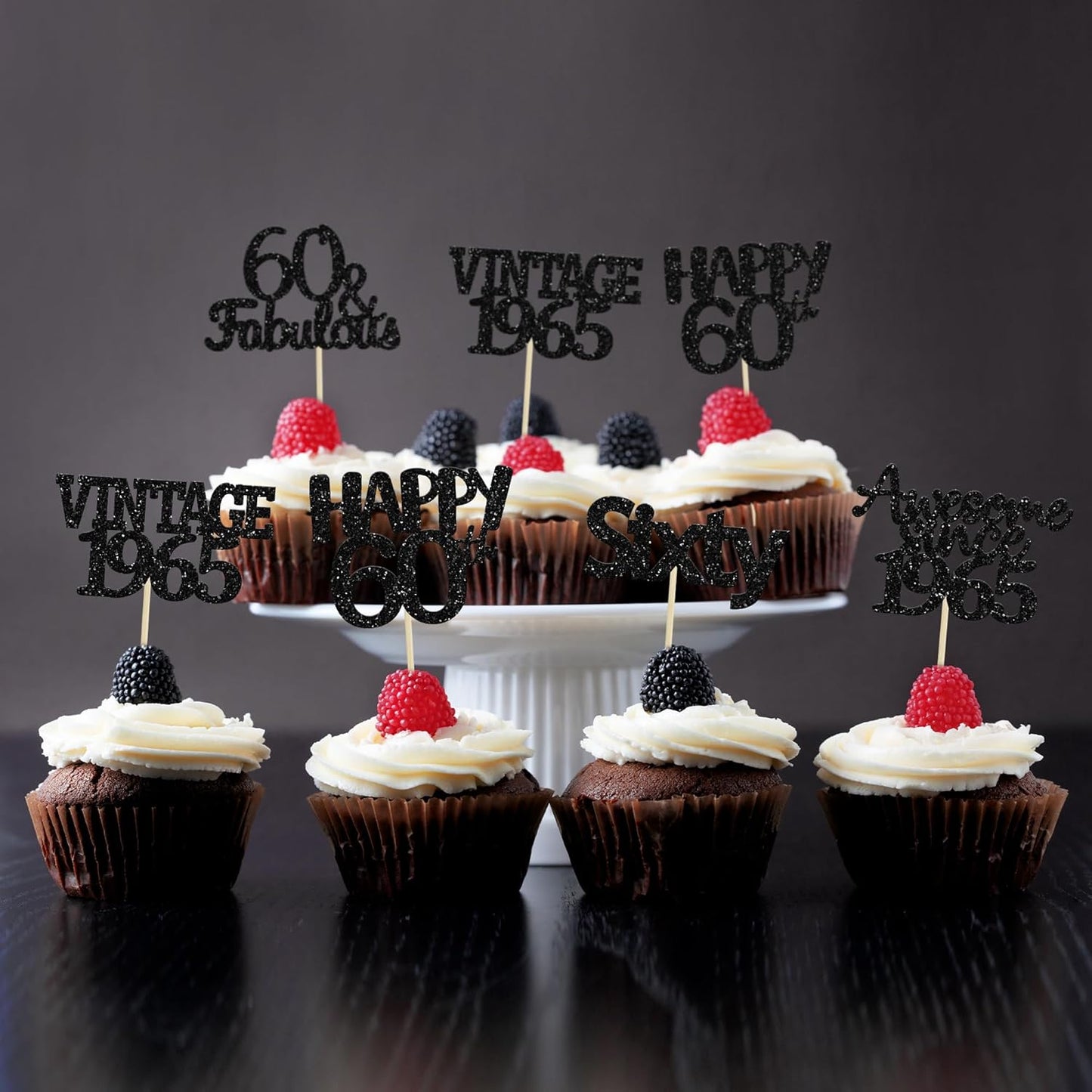 Gyufise 30Pcs 60th Birthday Cupcake Toppers Vintage 1965 Cake Decorations Cheers to 60 Fabulous Sixty Cupcake Picks 60th Birthday Wedding Anniversary Party Cake Decorations Supplies Black