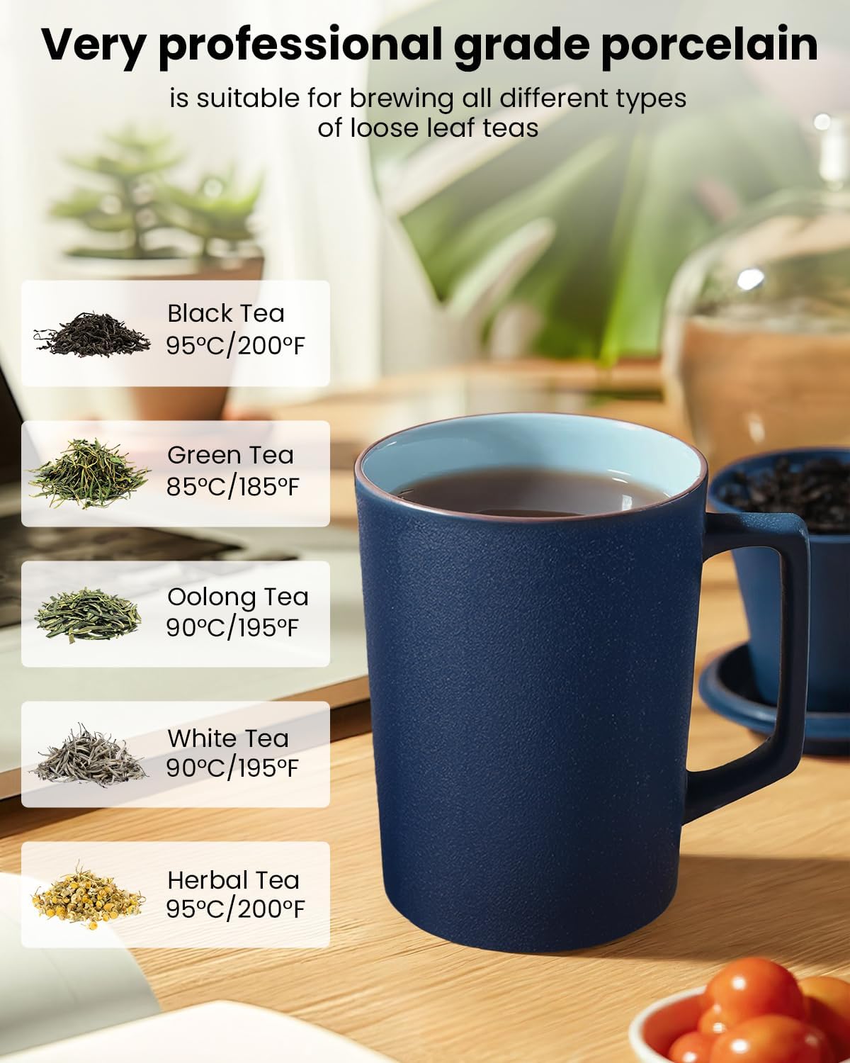 15 OZ Porcelain Tea Infuser Cup with Lid,Ceramic Tea Mug with All-Porcelain Strainers for Loose Leaf Teas,Microwave and Dishwasher Safe Coffee Mug,Metal-Free,BPA-Free,Gifts for Tea-Lover (Blue)