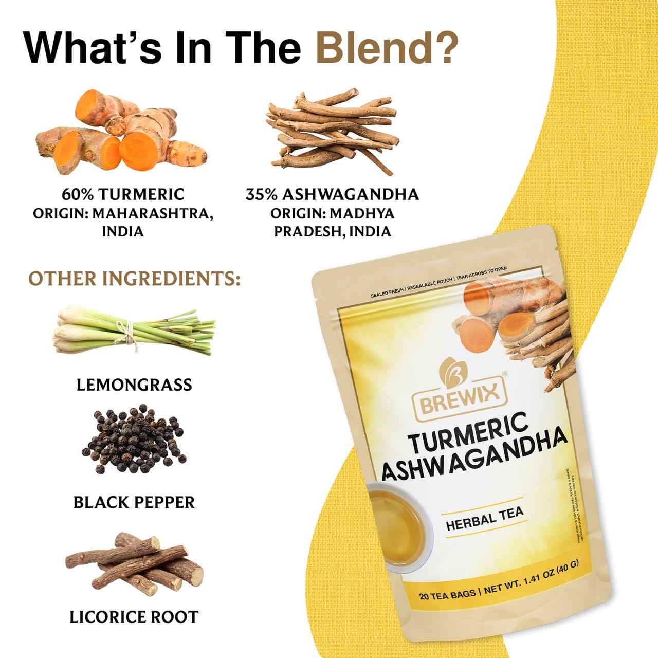 BREWIX, Turmeric Ashwagandha Herbal Tea Bags (20 Pyramid Tea Bags) Real Ingredients From India, Caffeine Free & Naturally Gluten Free | 100% Pure Herbal Blend Packed in Resealable Ziplock Pouch