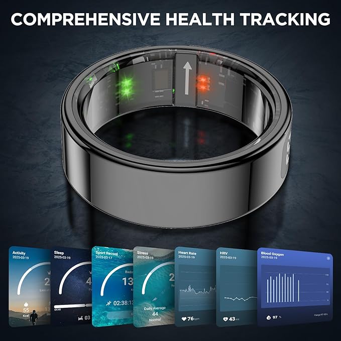 Smart Rings for Men with Display Screen, Fitness Ring with Wireless Charging, Sleep Tracker Ring with Heart Rate, Health Rings for Activity Monitoring/Steps/Calories, for iOS Android (Black,11#)