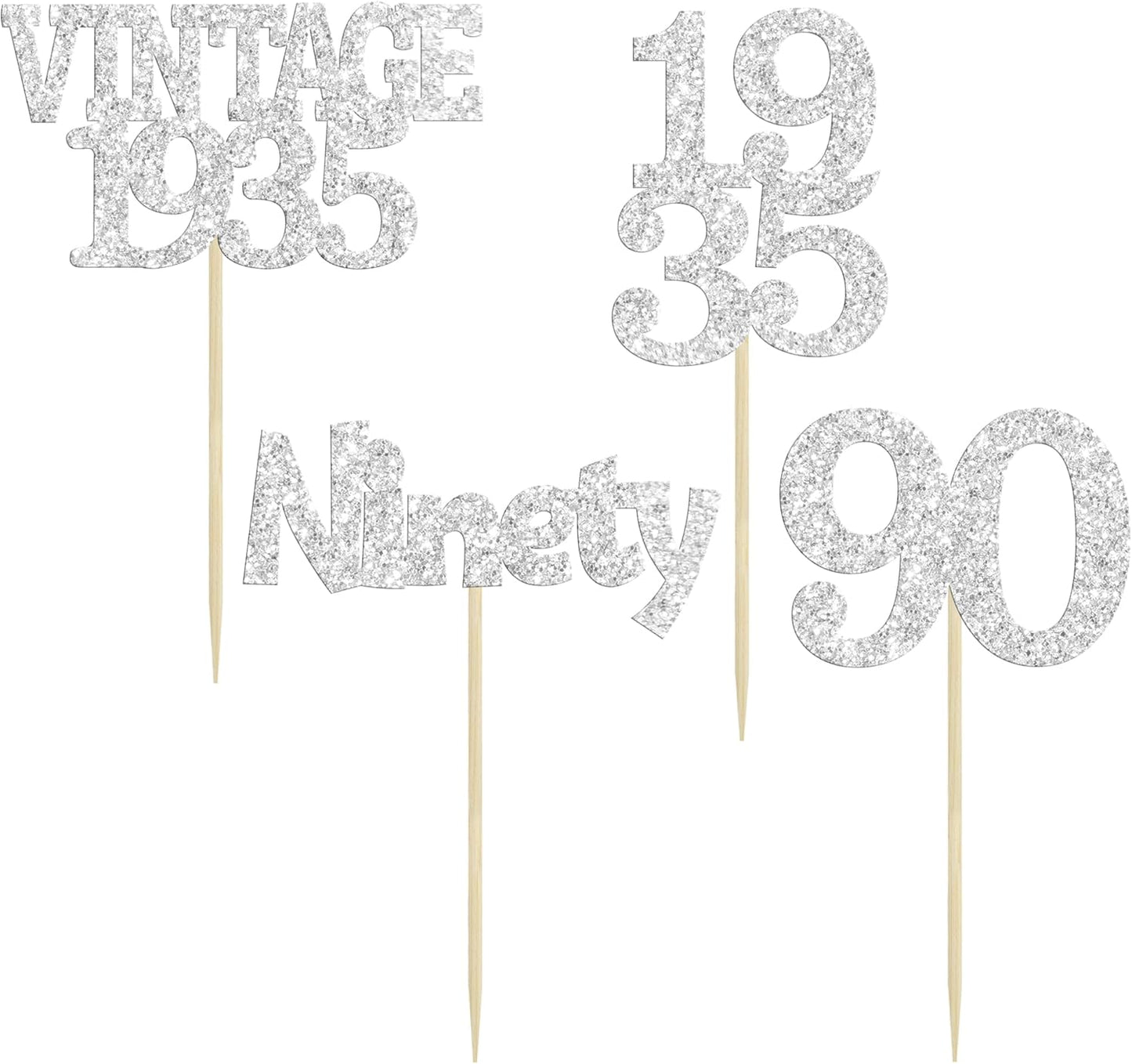 Gyufise 24Pcs 90th Birthday Cupcake Toppers Glitter Cheers to 90 Fabulous Ninety Vintage 1935 Cupcake Picks 90th Birthday Wedding Anniversary Party Cake Decorations Supplies Silver