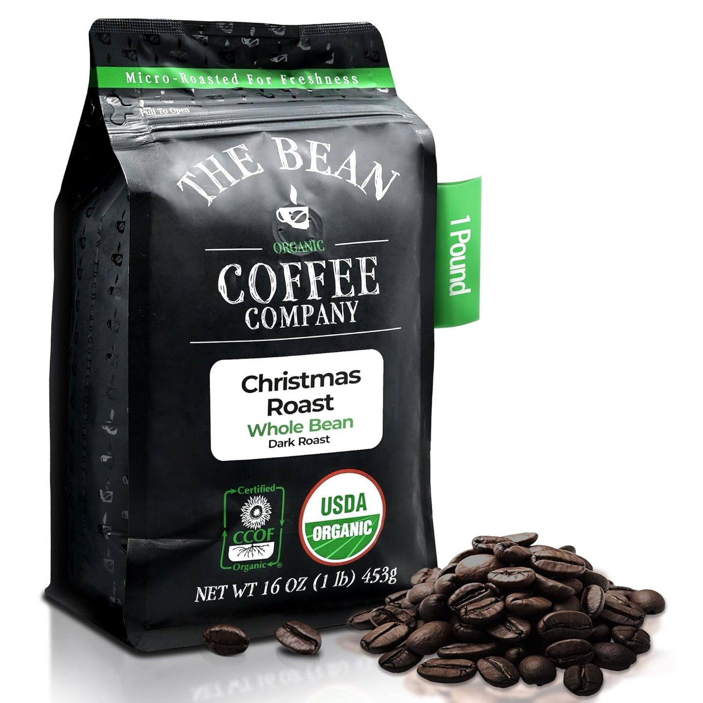 The Bean Organic Coffee Company Christmas Roast, Dark Roast, Whole Bean Coffee, 16-Ounce Bag